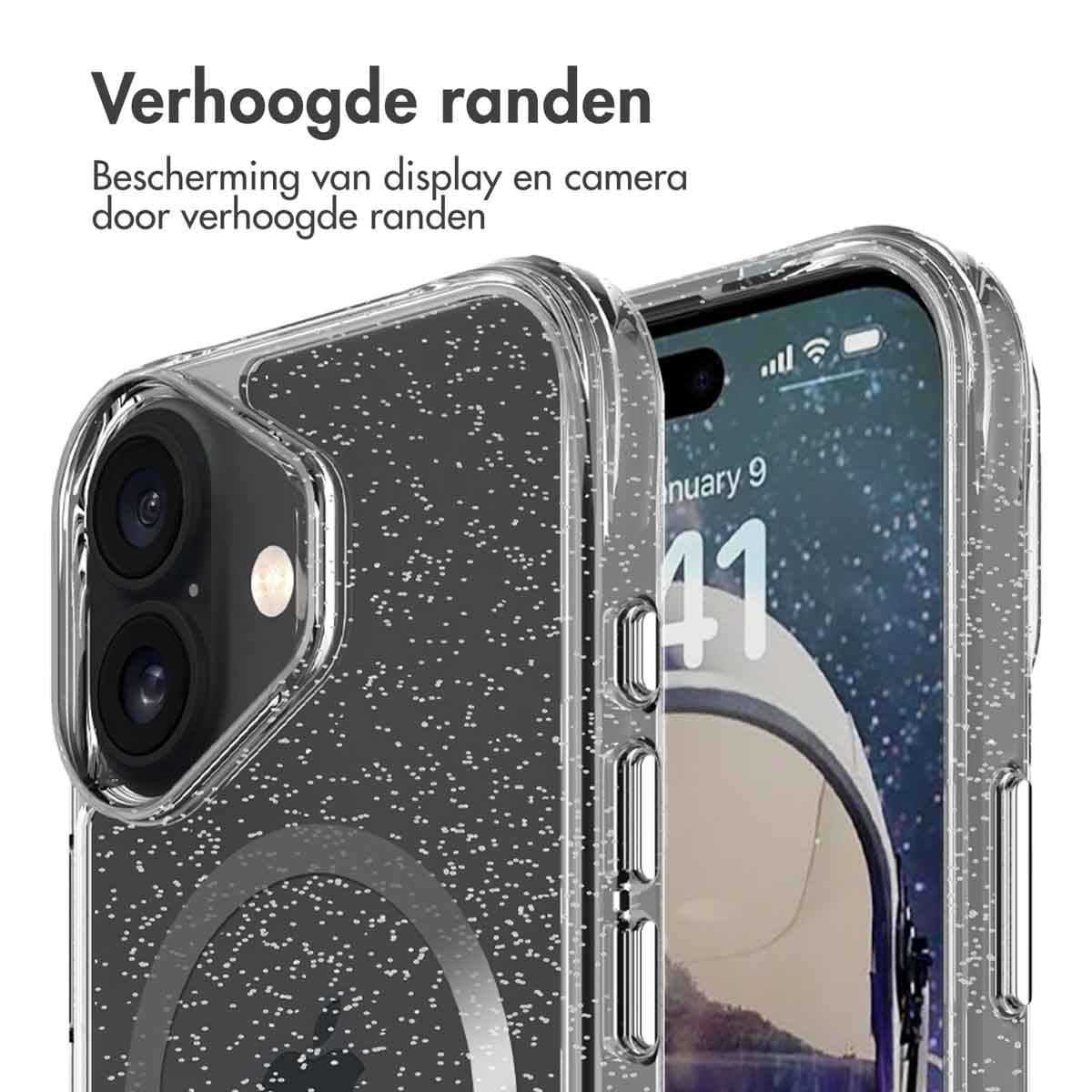 Transparante telefoonhoes op een iPhone. Tekst: Verhoogde randen voor scherm- en camerabescherming.