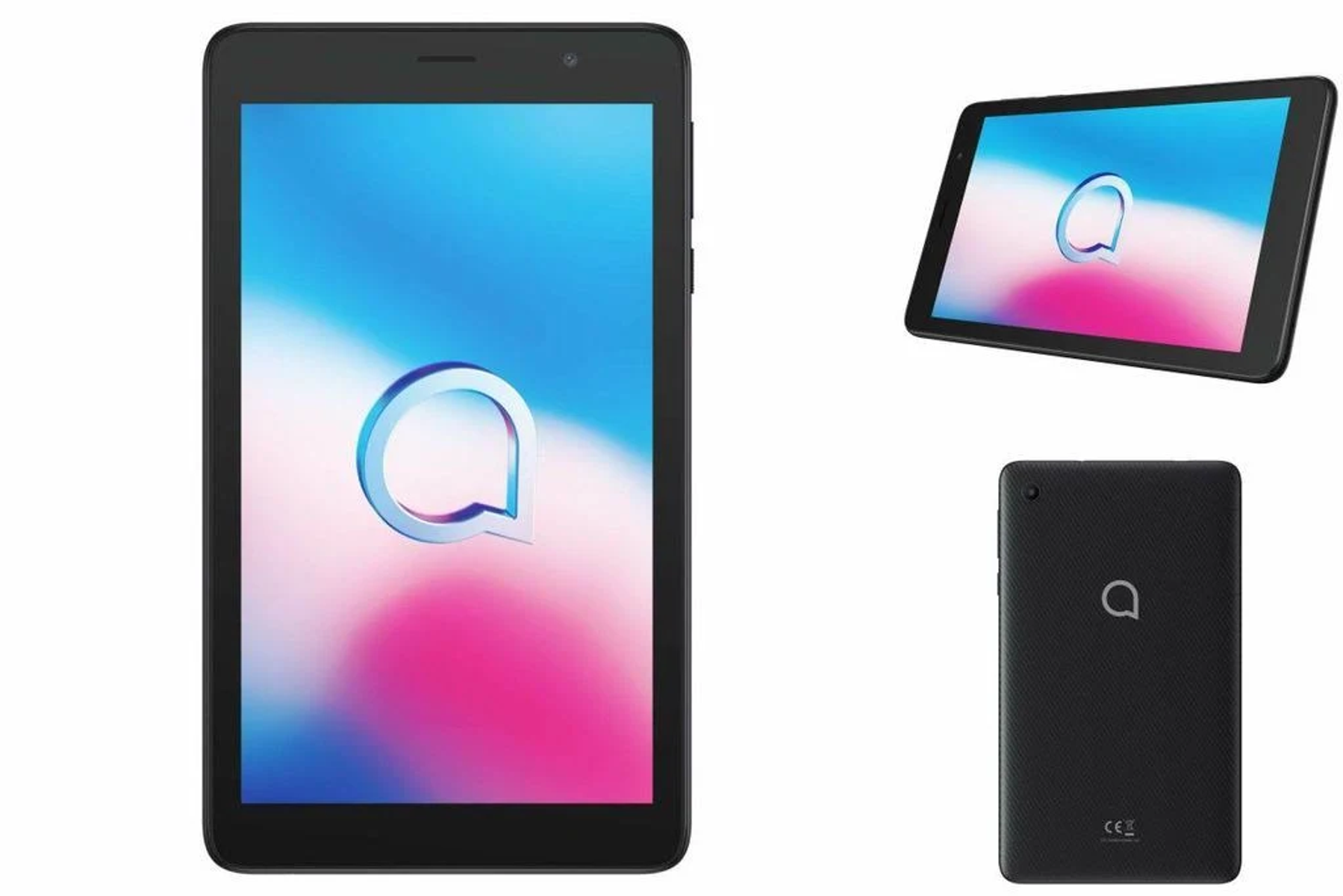 Un tablet nero con più viste che mostrano la parte anteriore, laterale e posteriore.