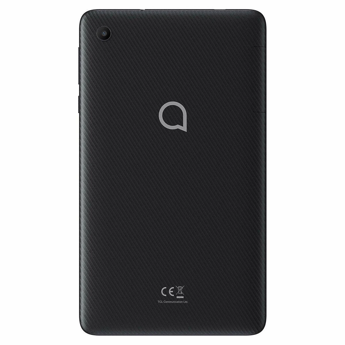 Retro di tablet nero con obiettivo e logo. Il retro ha una superficie strutturata.