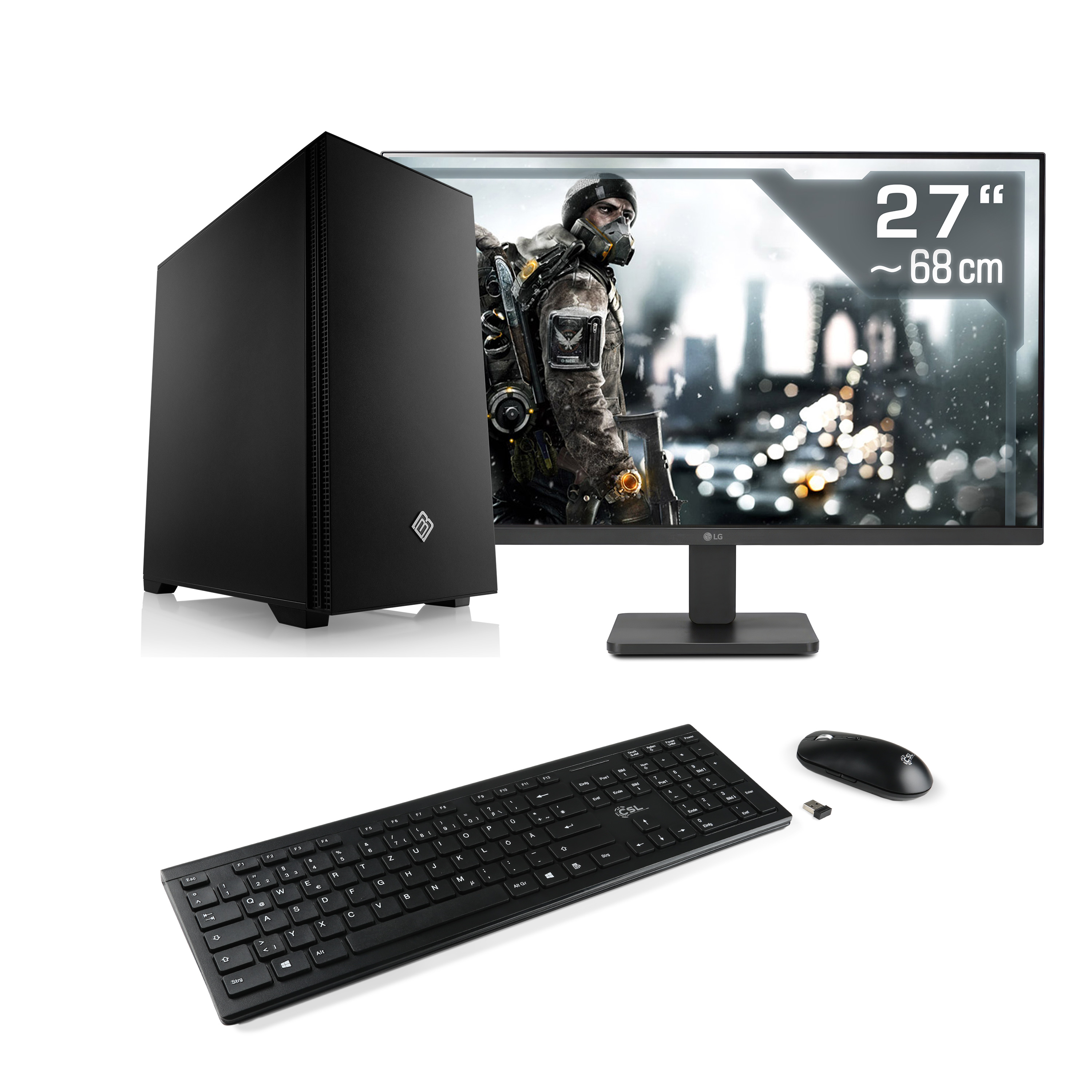 Schwarzes PC-, Monitor-, Tastatur- und Maus-Set. Der Monitor zeigt einen Soldaten in einer Kriegsszene.