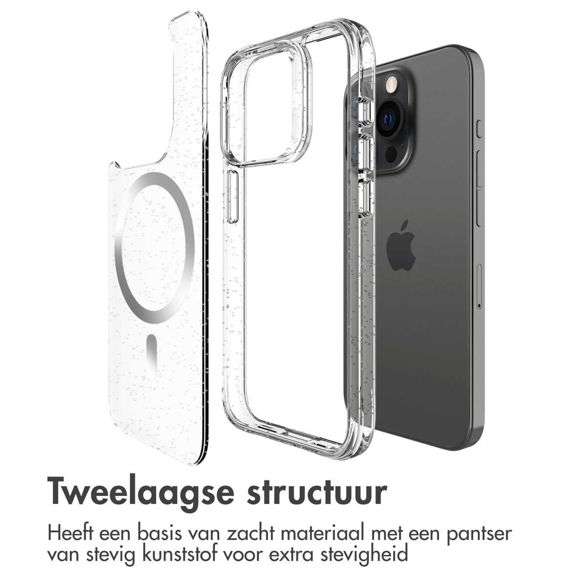 Coque de téléphone transparente, dos séparé, téléphone à l'intérieur, fond blanc.