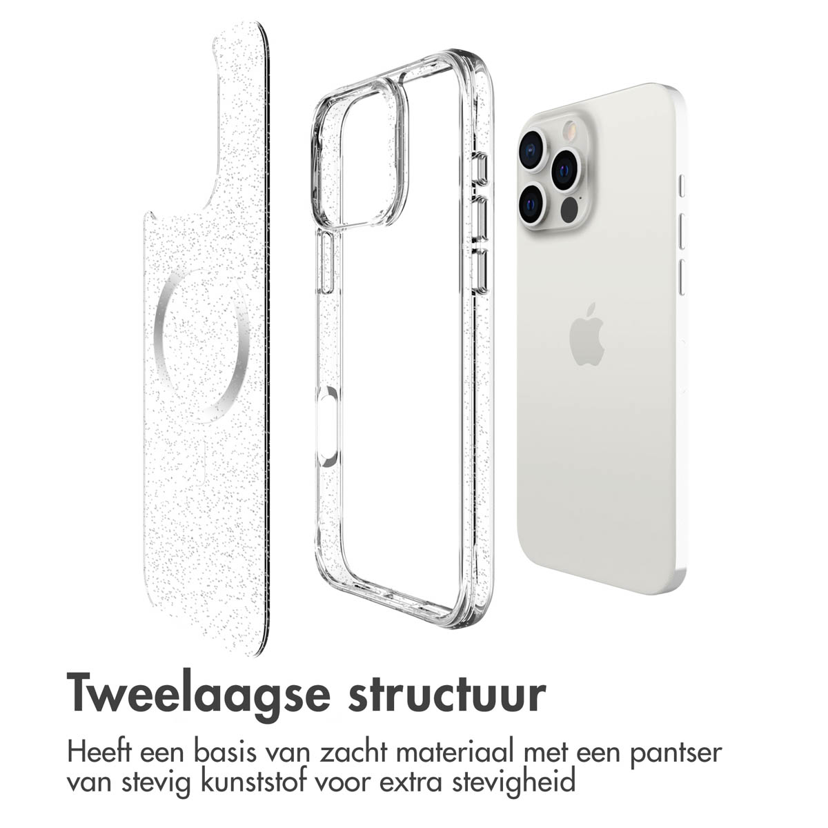 Onderdelen van de telefoonhoes: een doorzichtige hoes en een telefoon. De tekst zegt 'Twee-laagse structuur'.