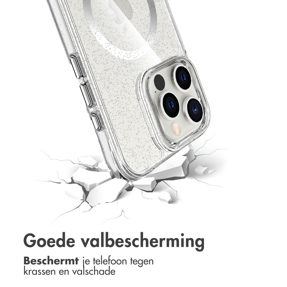 Transparante telefoonhoes op een gebarsten oppervlak met Nederlandse tekst: 'Goede valbescherming'.