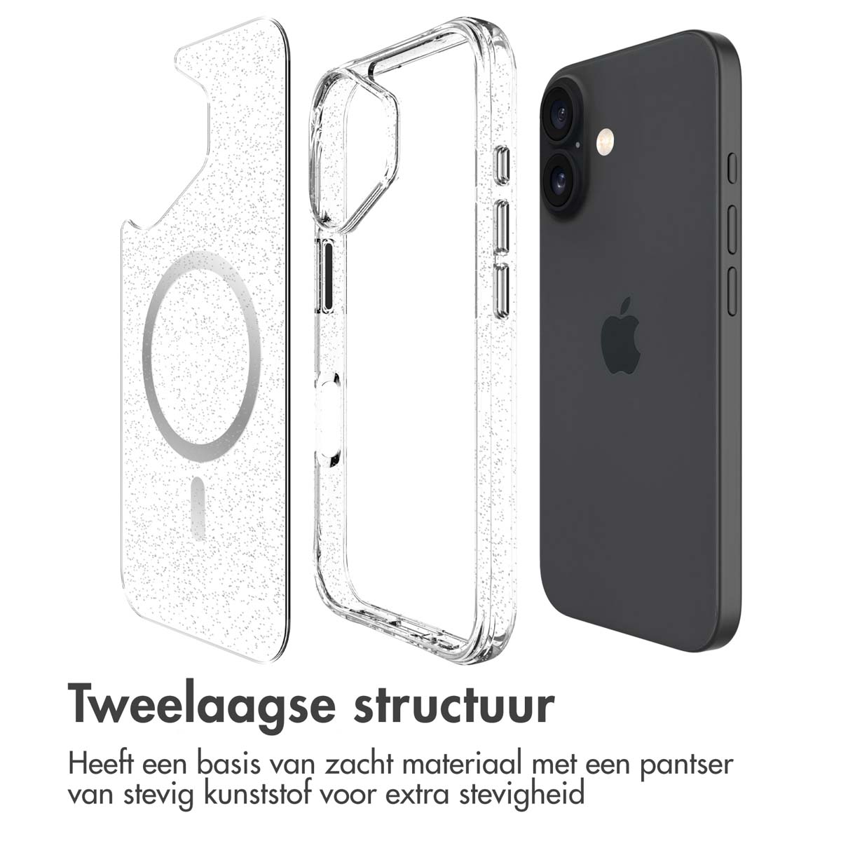 IMOSHION Glitter Backcover met MagSafe 2.0 - Geschikt voor Apple iPhone 16 - Telefoonhoesje voor Apple iPhone 16 Zilver