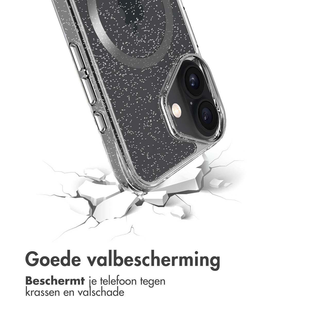 Een doorzichtige telefoonhoes met een telefoon erin. De hoes lijkt een impact te absorberen.