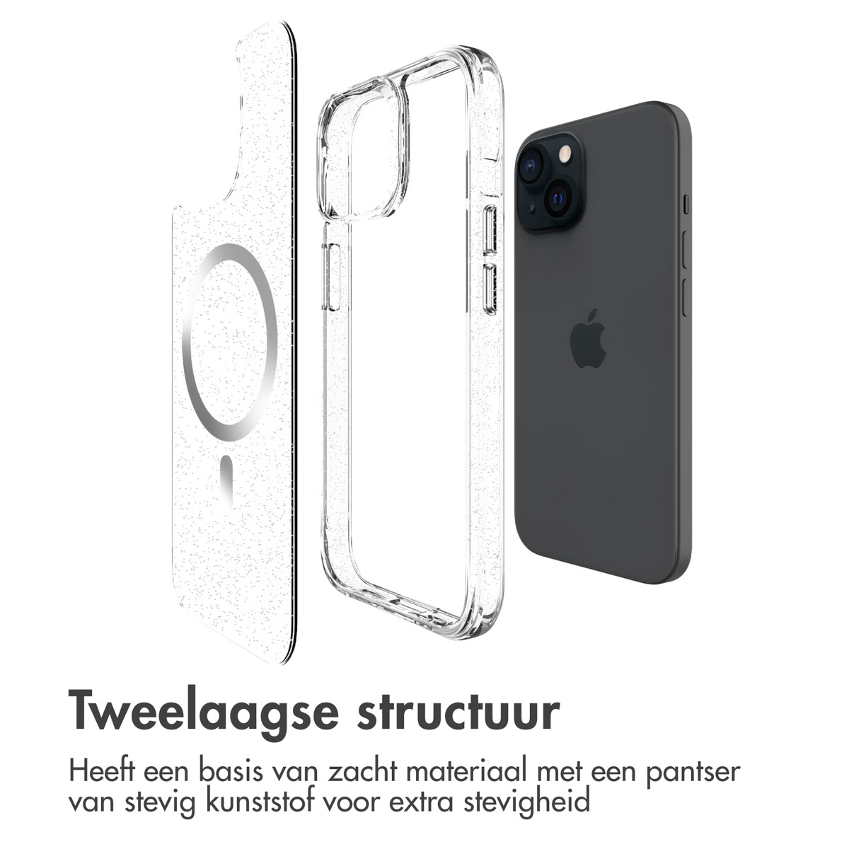 IMOSHION Glitter Backcover met MagSafe 2.0 - Geschikt voor Apple iPhone 15 - Telefoonhoesje voor Apple iPhone 15 Zilver