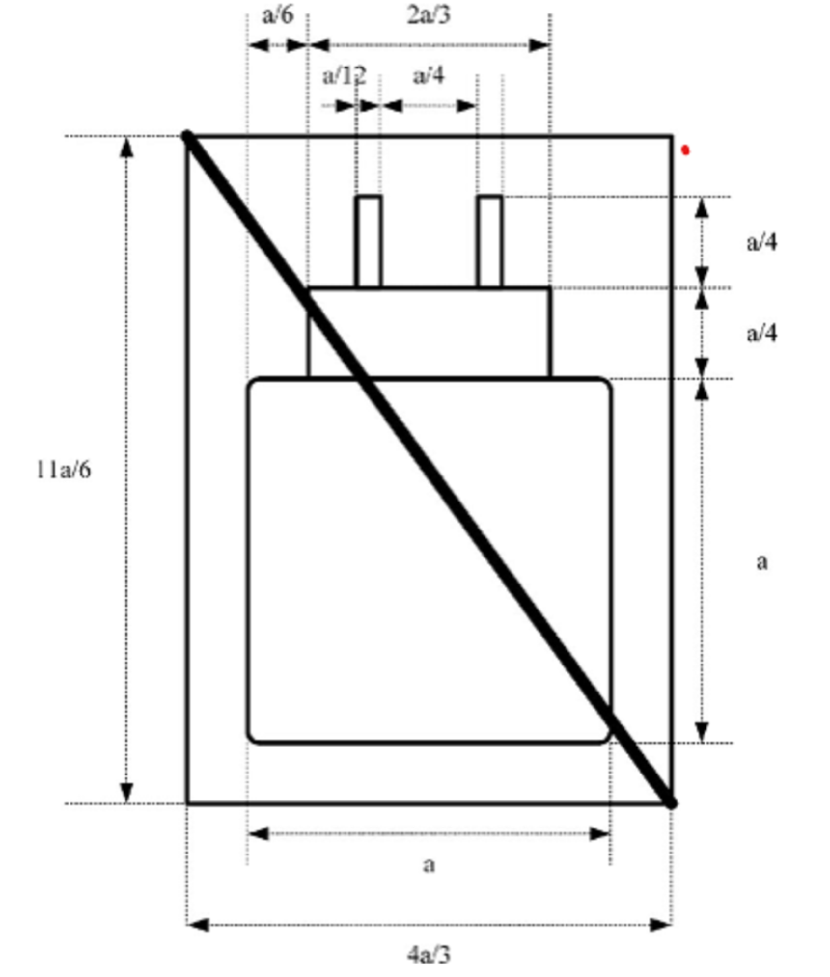 Schemat techniczny ładowarki. Pokazuje wymiary i elementy wewnętrzne. Linie i strzałki są opisane.