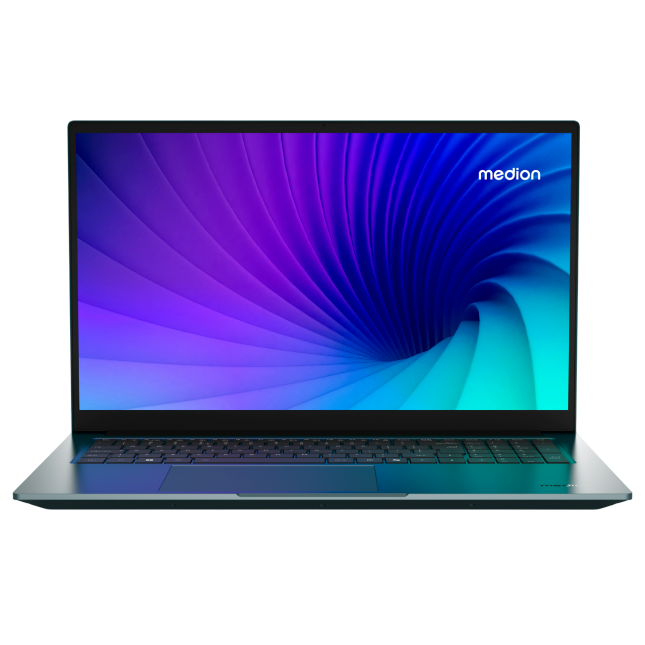 Ein Laptop mit blau-lila Bildschirm, der ein Wirbeldesign zeigt. Der Laptop ist türkisfarben.