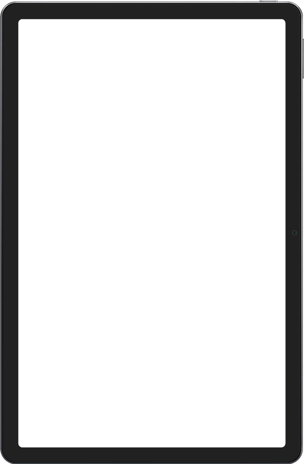 Tablet nero, schermo bianco vuoto, con cornice nera.
