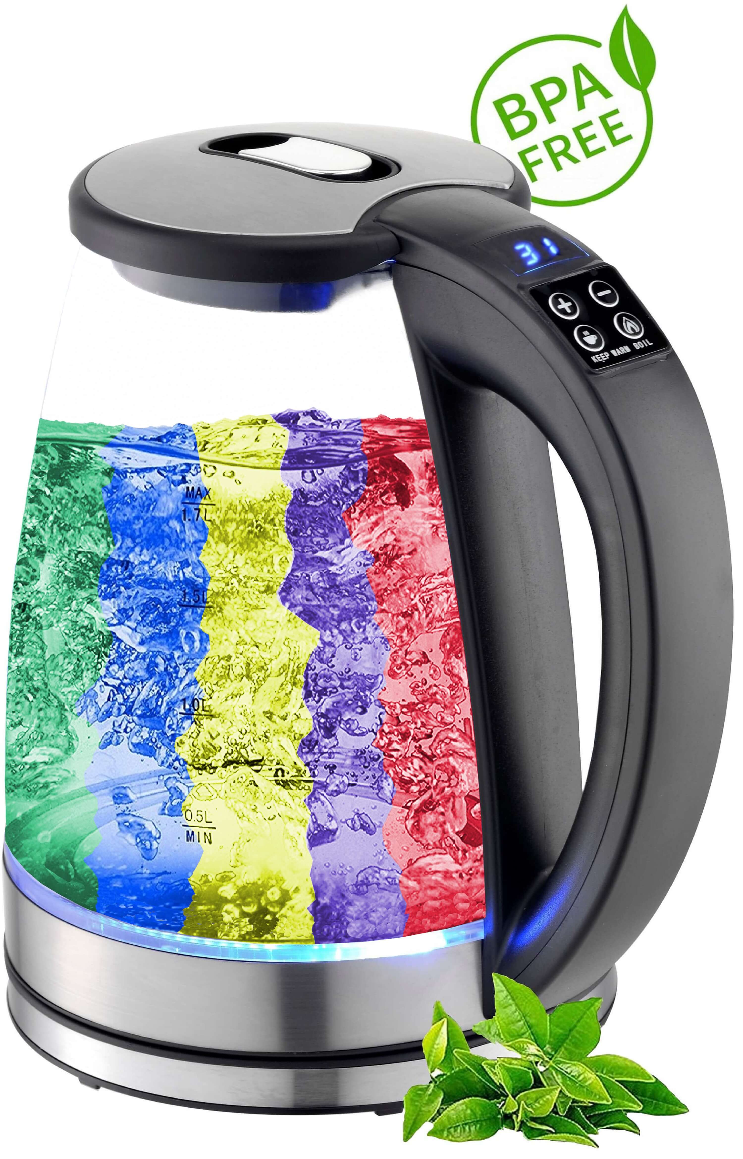 Bollitore in vetro con acqua colorata, senza BPA e foglie di piante.