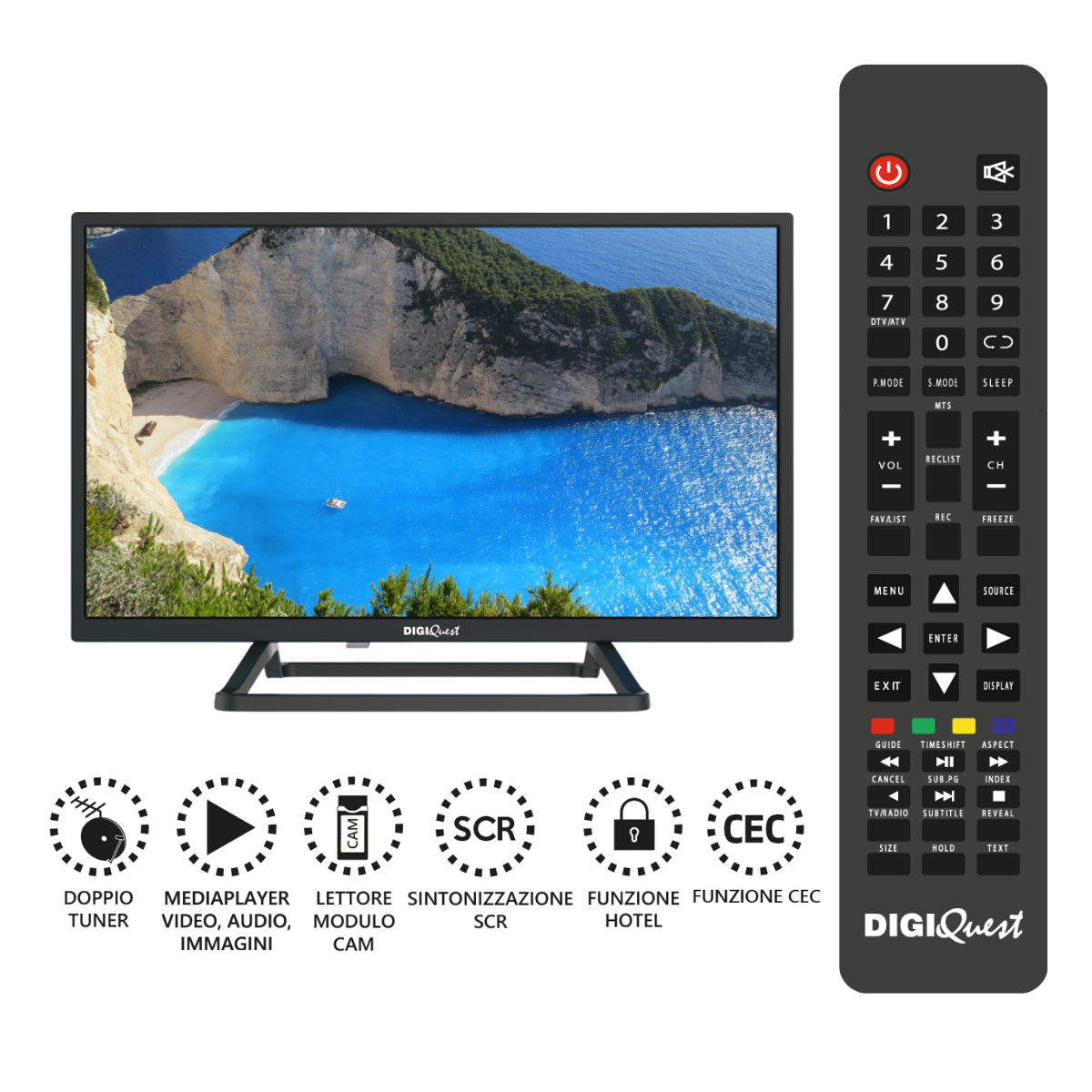 TV e telecomando. La TV mostra una scena di spiaggia. Sfondo bianco.