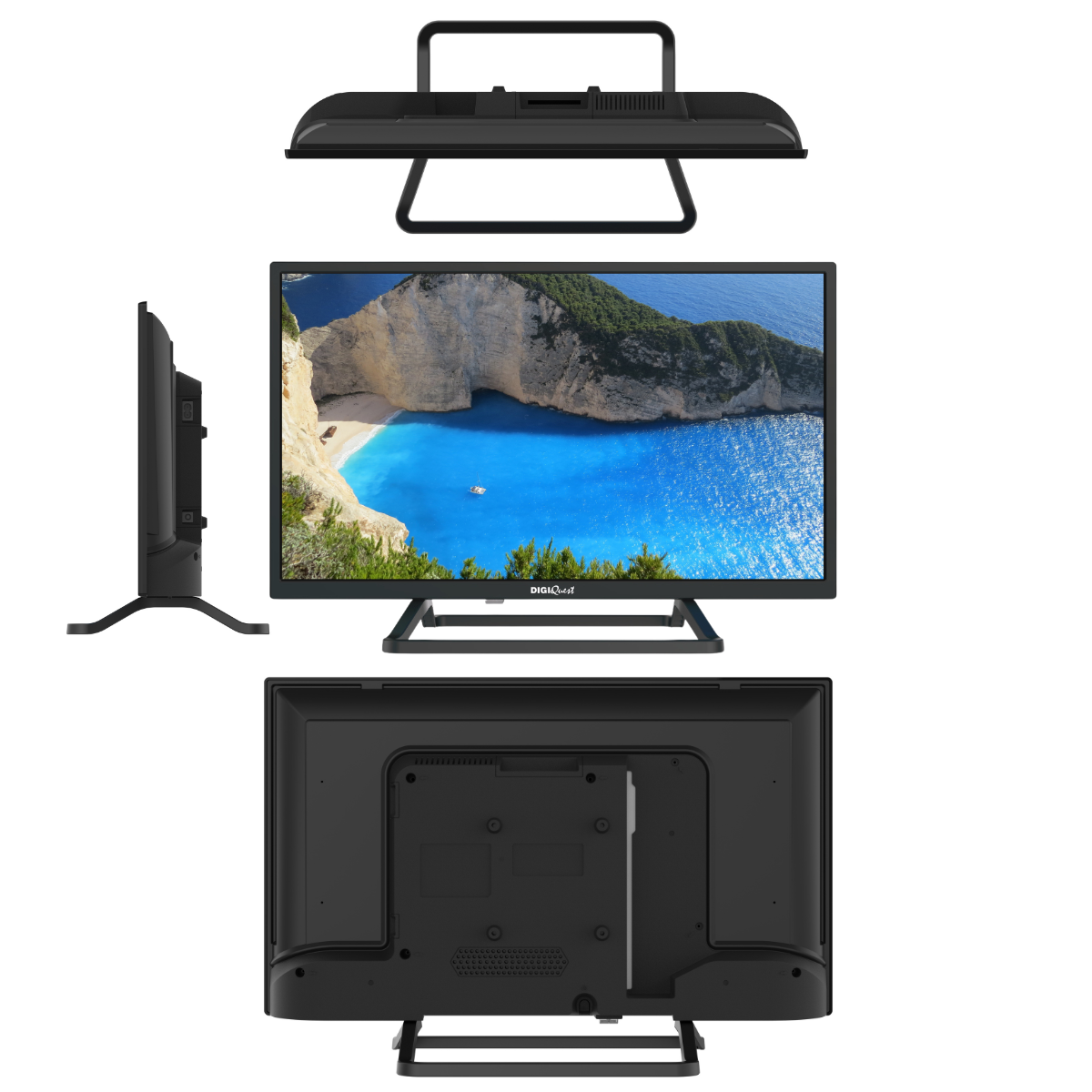 Un televisore nero mostra una scena di spiaggia con vista montagna e mare. Vengono mostrate più angolazioni.