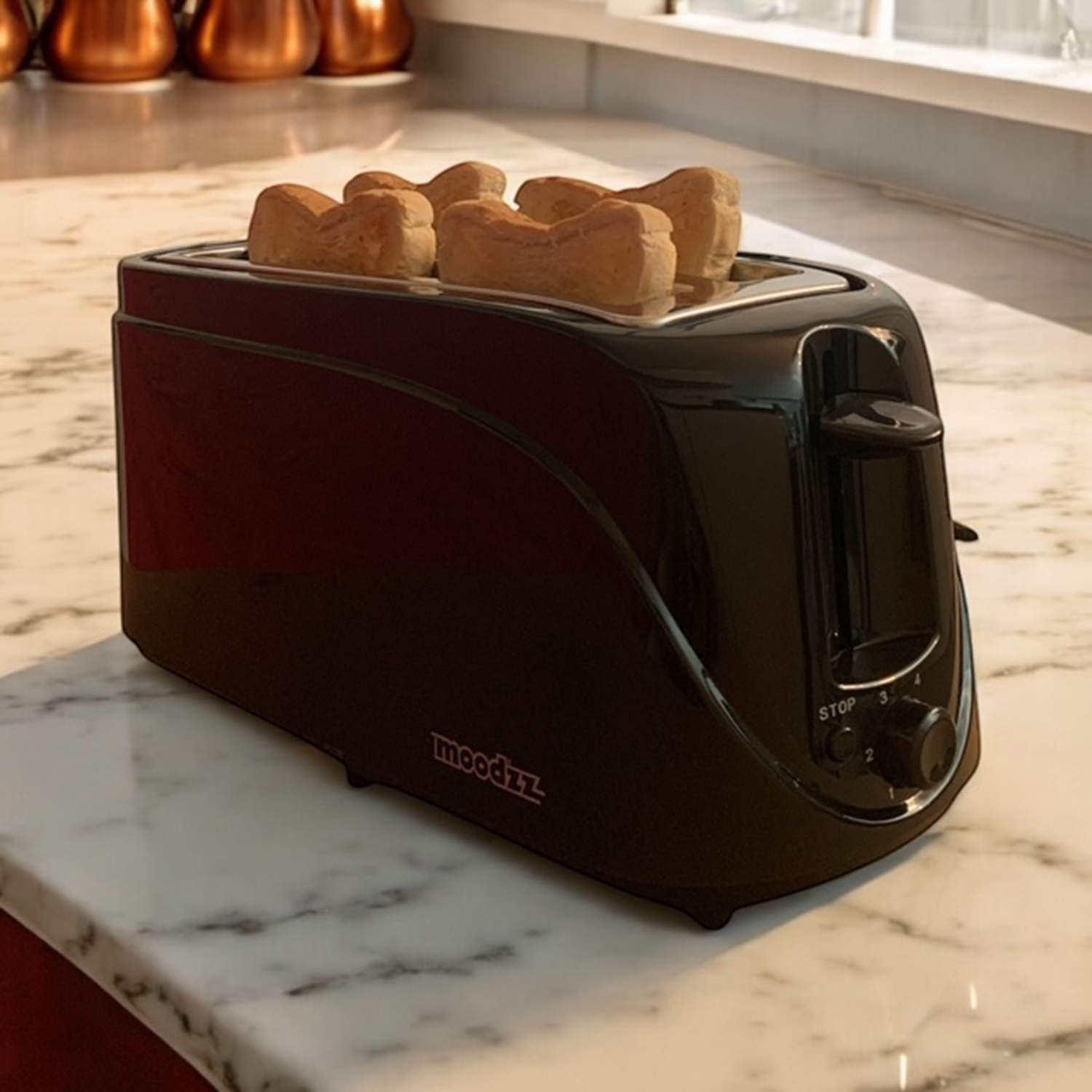 Zwarte broodrooster met toast erin, op een marmeren oppervlak. Keukensetting.