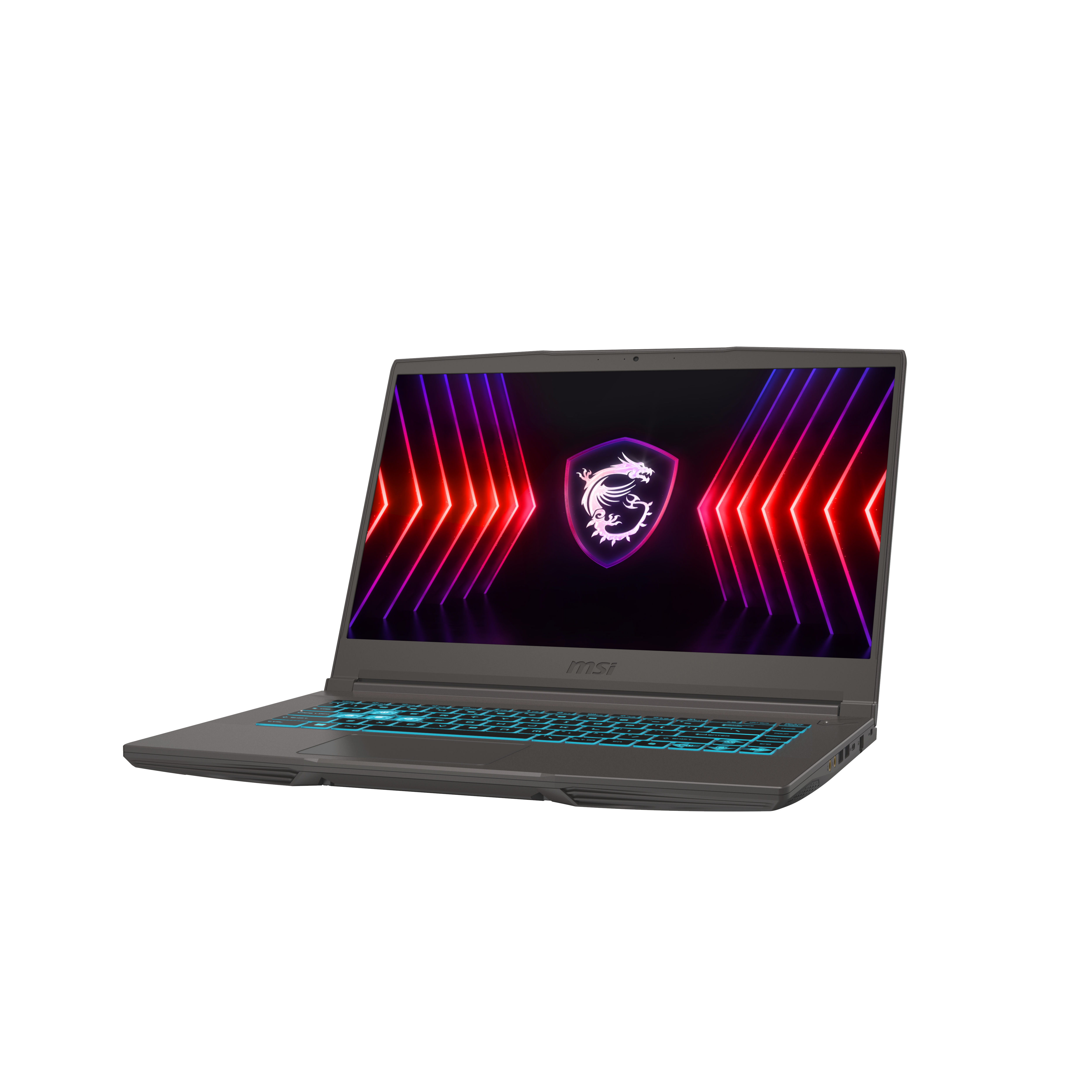 Un ordinateur portable MSI gris avec un graphique de jeu coloré sur l'écran.