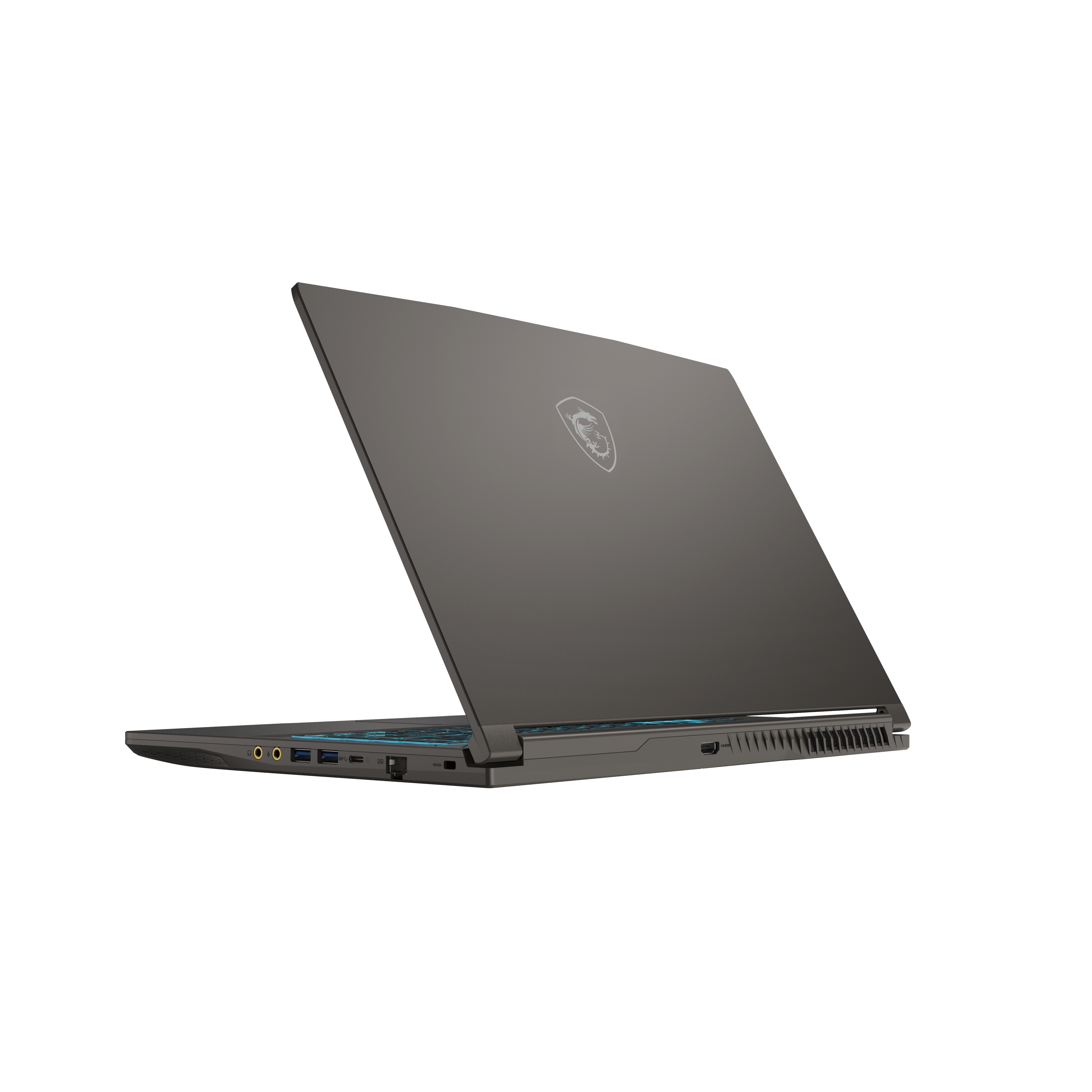 Ordinateur portable gris, partiellement ouvert, montrant les ports et un logo sur fond blanc.