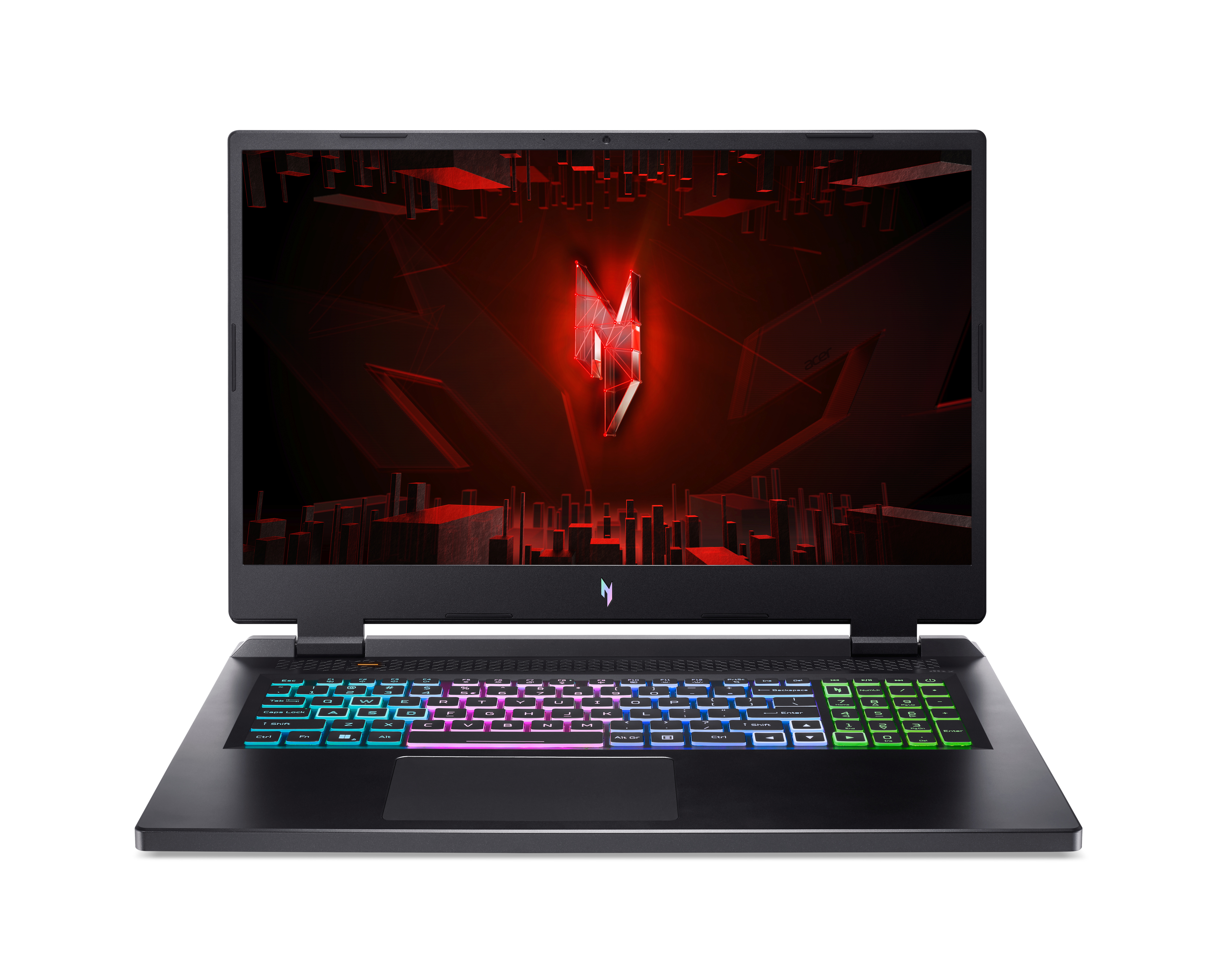 Gaming-Laptop mit rotem Logo auf dem Bildschirm. Schwarzes Gehäuse mit farbenfroher Tastaturbeleuchtung.
