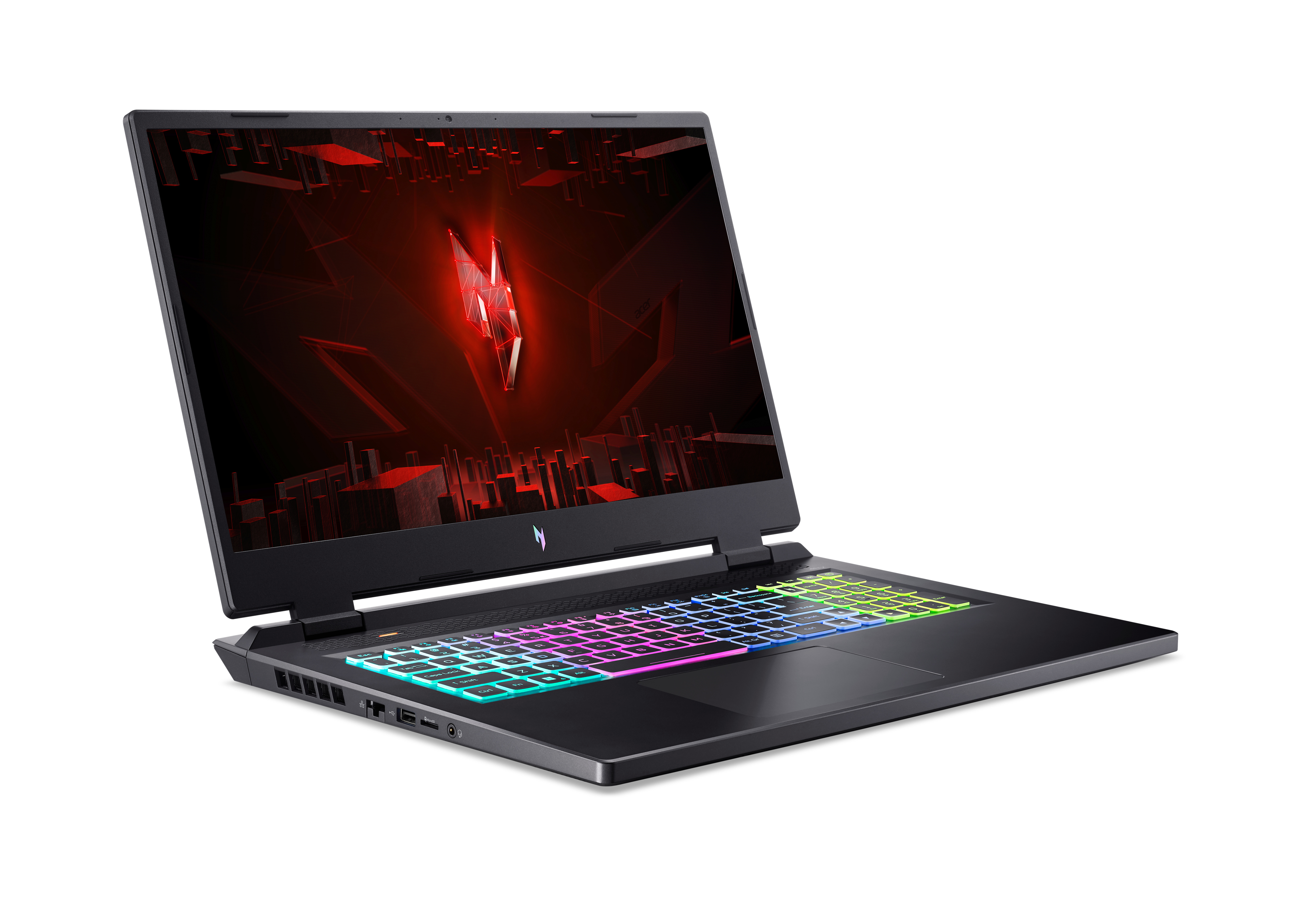 Ein schwarzer Laptop auf weißer Oberfläche mit rot beleuchtetem Display.