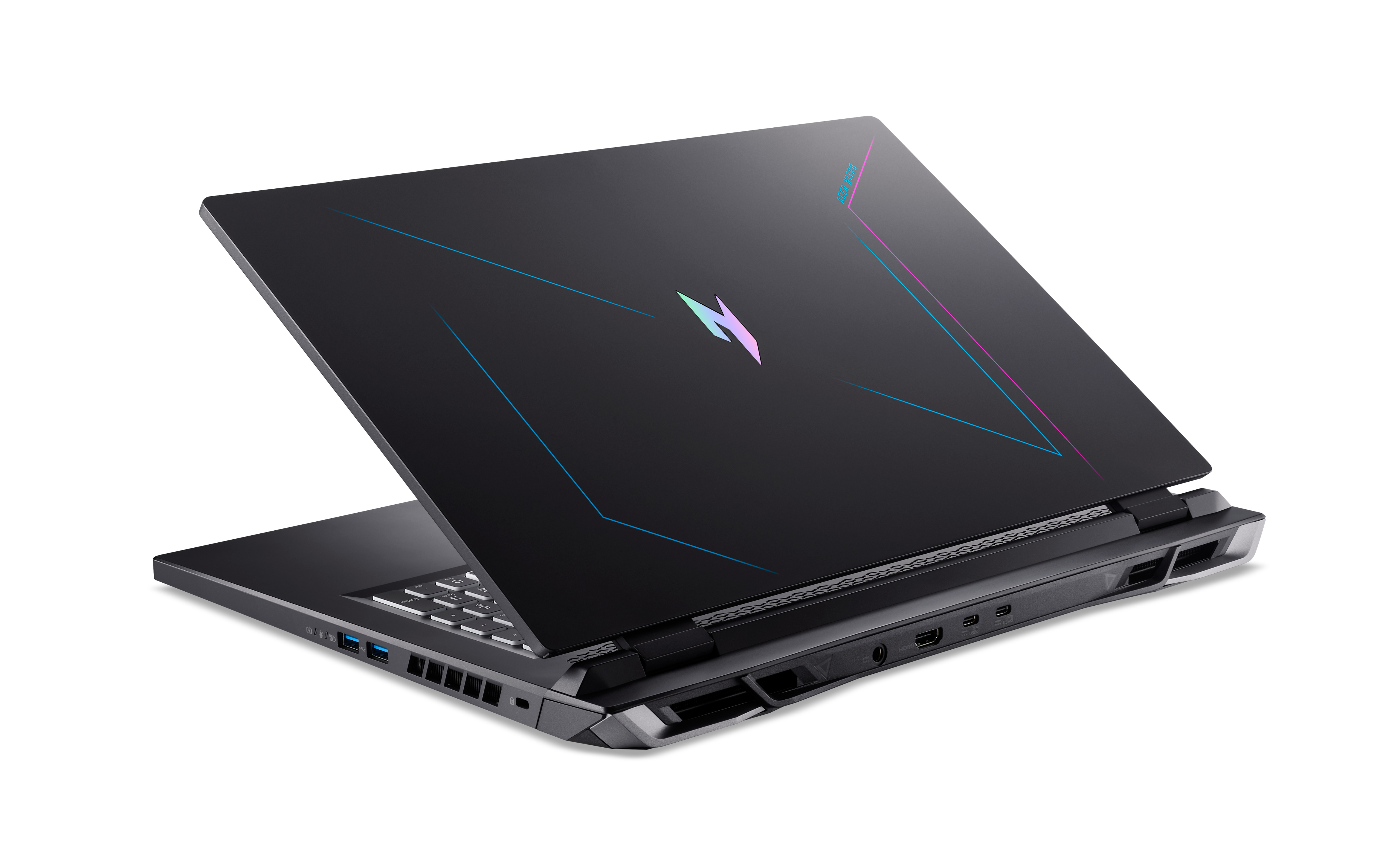 Laptop mit schwarzem Deckel mit Logo und geöffnetem Bildschirm. Die Draufsicht.