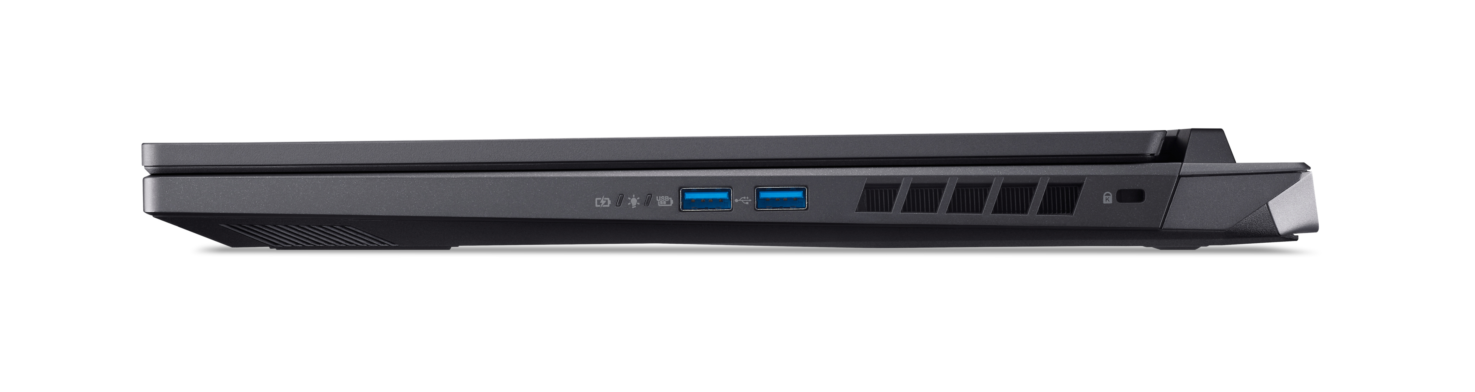 Schwarzer Laptop, Seitenansicht, mit Anschlüssen und Lüftungsschlitzen.