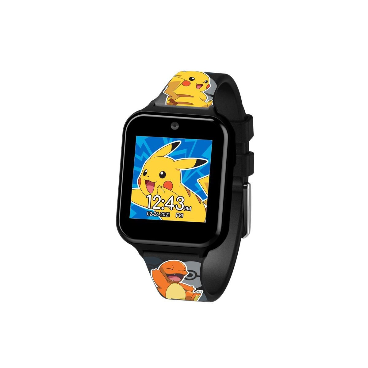 Eine schwarze Smartwatch mit Pikachu- und Charmander-Designs, zeigt Zeit und ein Pikachu-Bild.