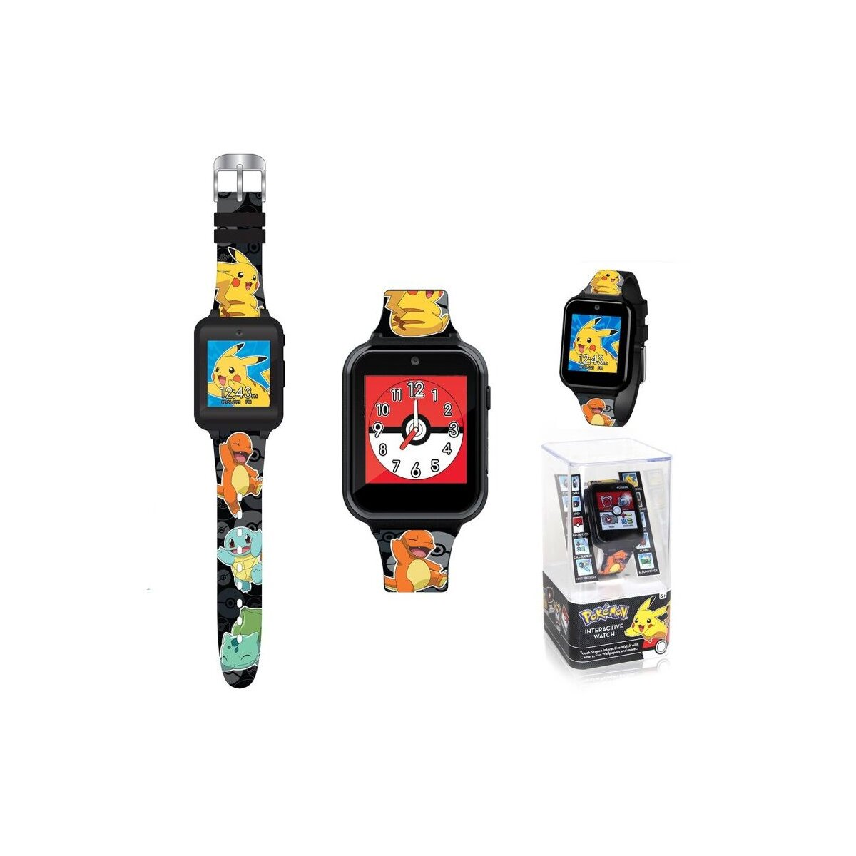 Pokemon-Smartwatches, darunter eine am Handgelenk. Boxen und Uhren-Displays zeigen Pikachu und Glurak.