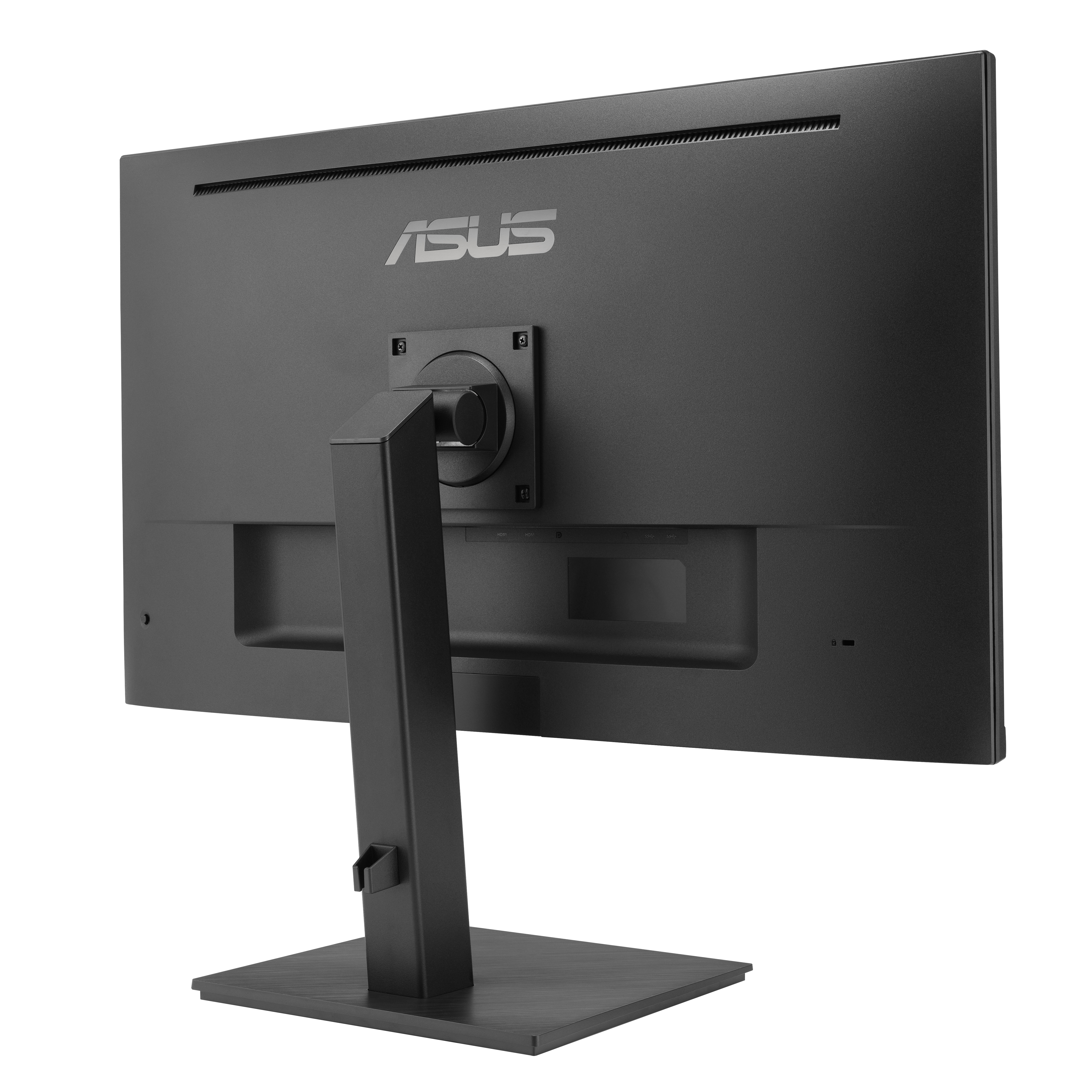 Widok z tyłu czarnego monitora ASUS, ze stojakiem, na białym tle.
