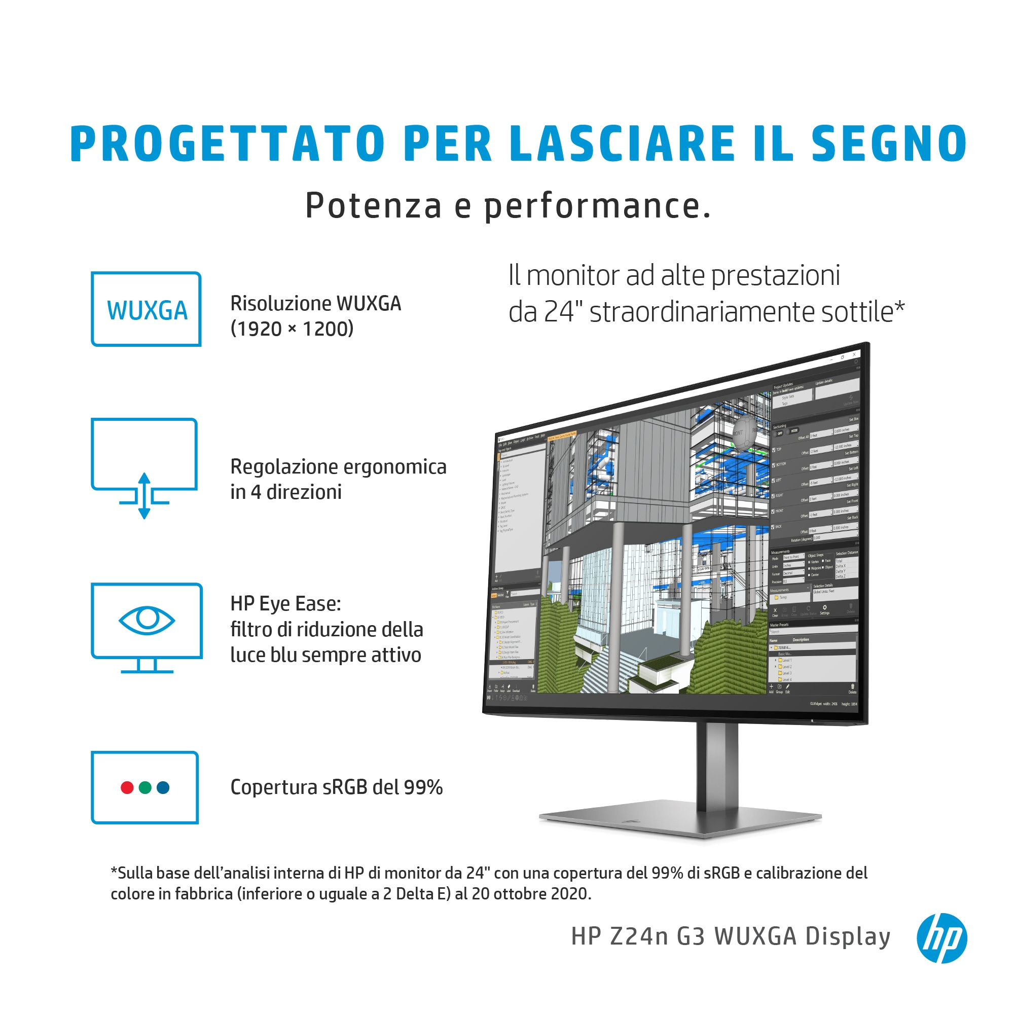 Ein Computermonitor mit Text. Texte: WUXGA, 4-Richtungs-Regulierung, HP Eye Ease und sRGB-Abdeckung.