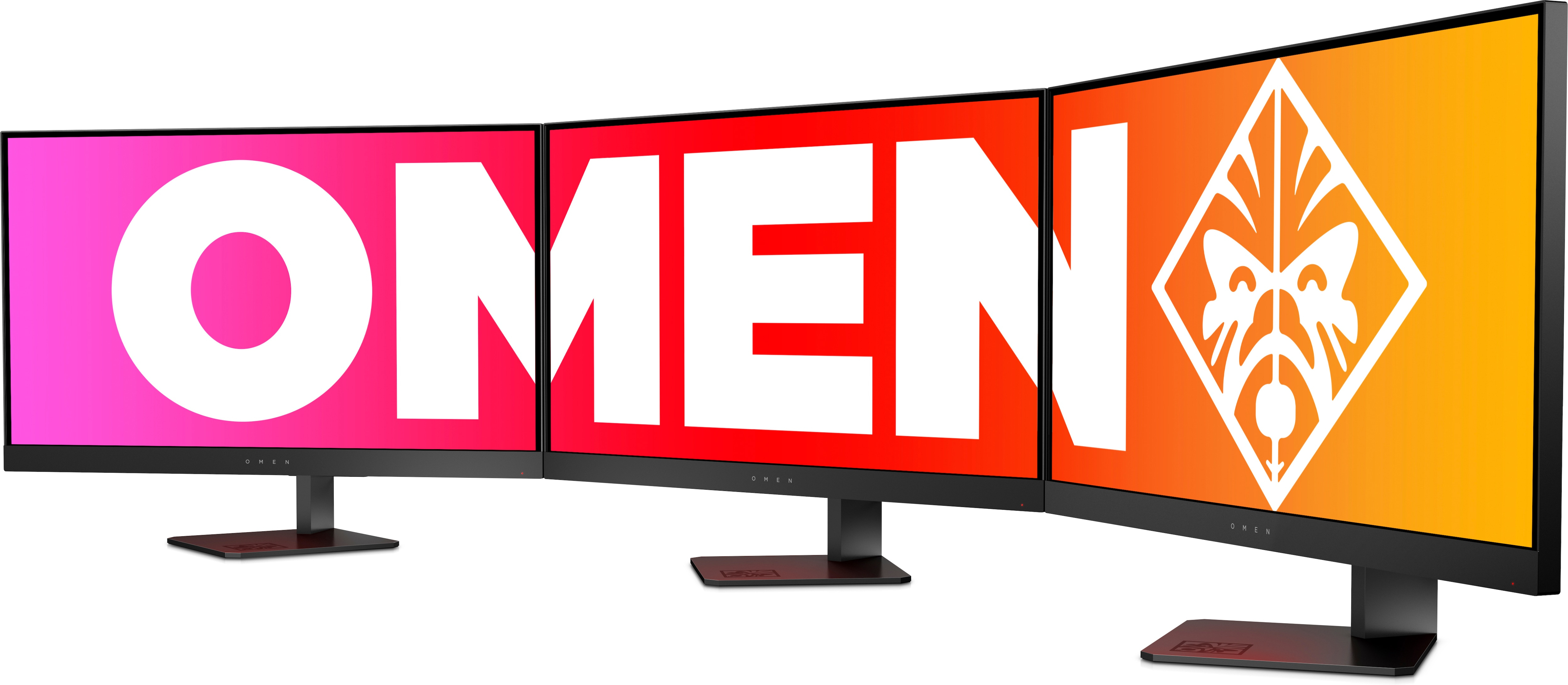 Drei gebogene OMEN-Monitore, die jeweils eine andere Farbe und das OMEN-Logo anzeigen.