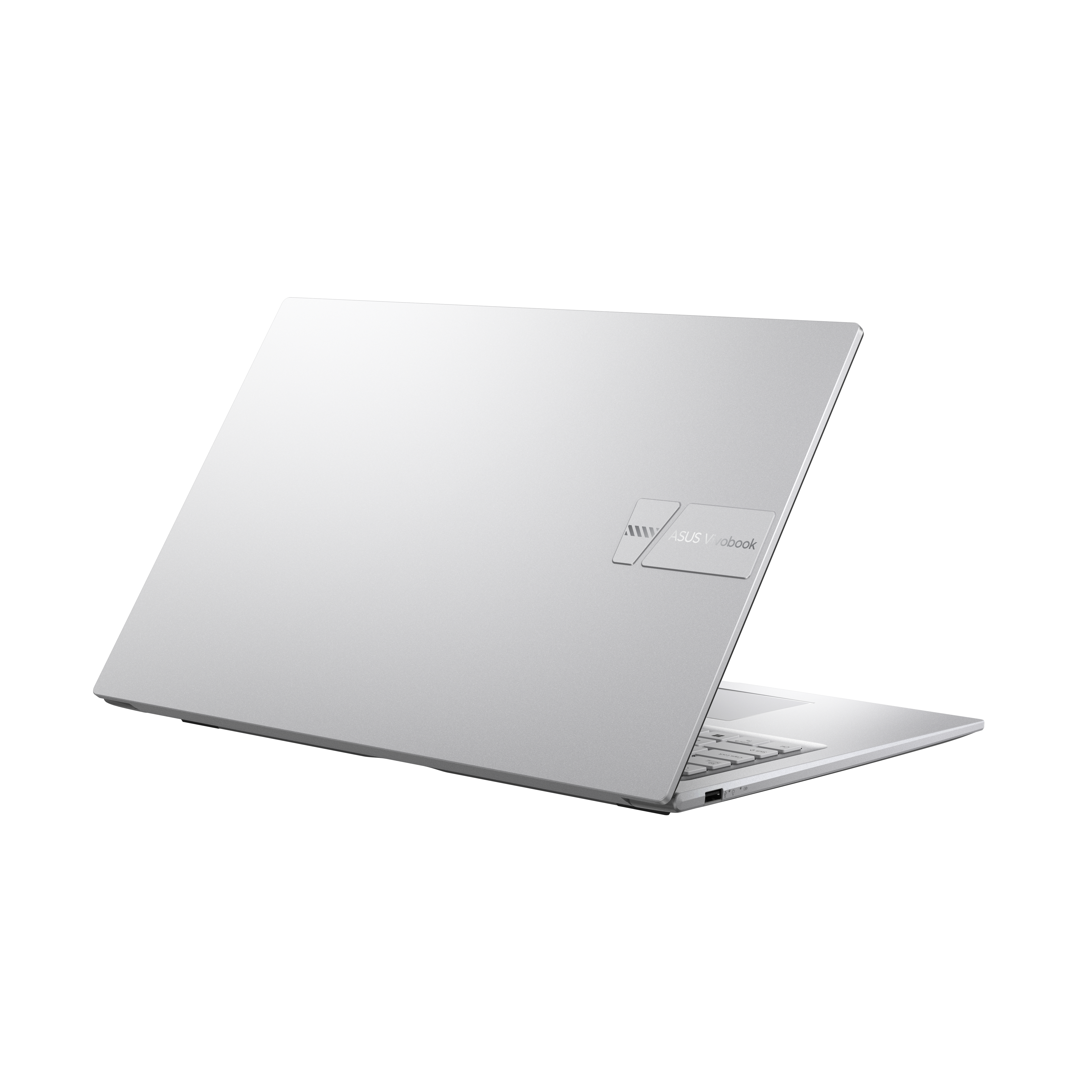 Rückseite eines weißen Laptops mit ASUS Vivobook-Logo, schräge Ansicht, auf weißem Hintergrund.