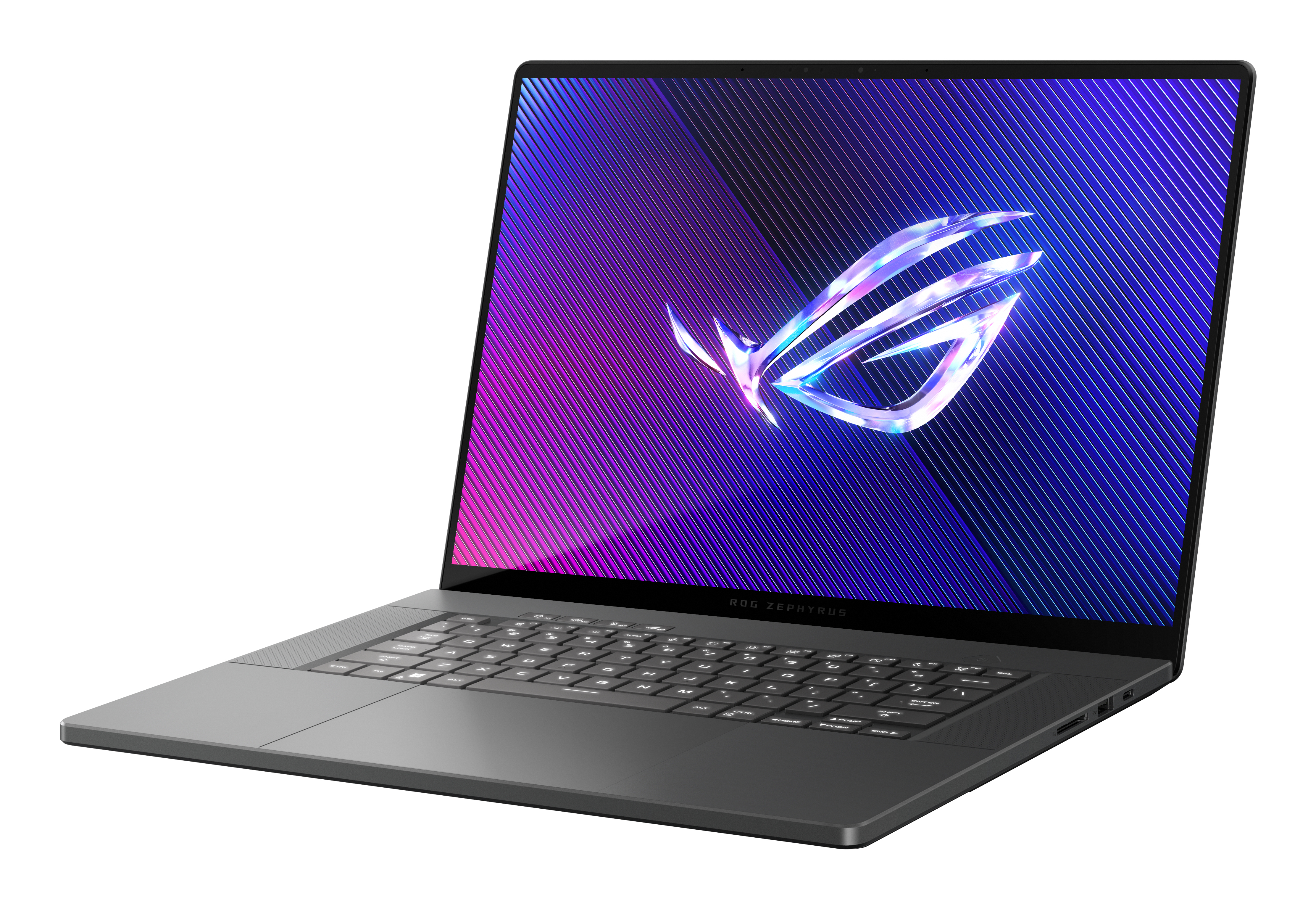 Ordinateur portable ouvert avec logo ROG Zephyrus sur l'écran, corps gris, fond blanc.