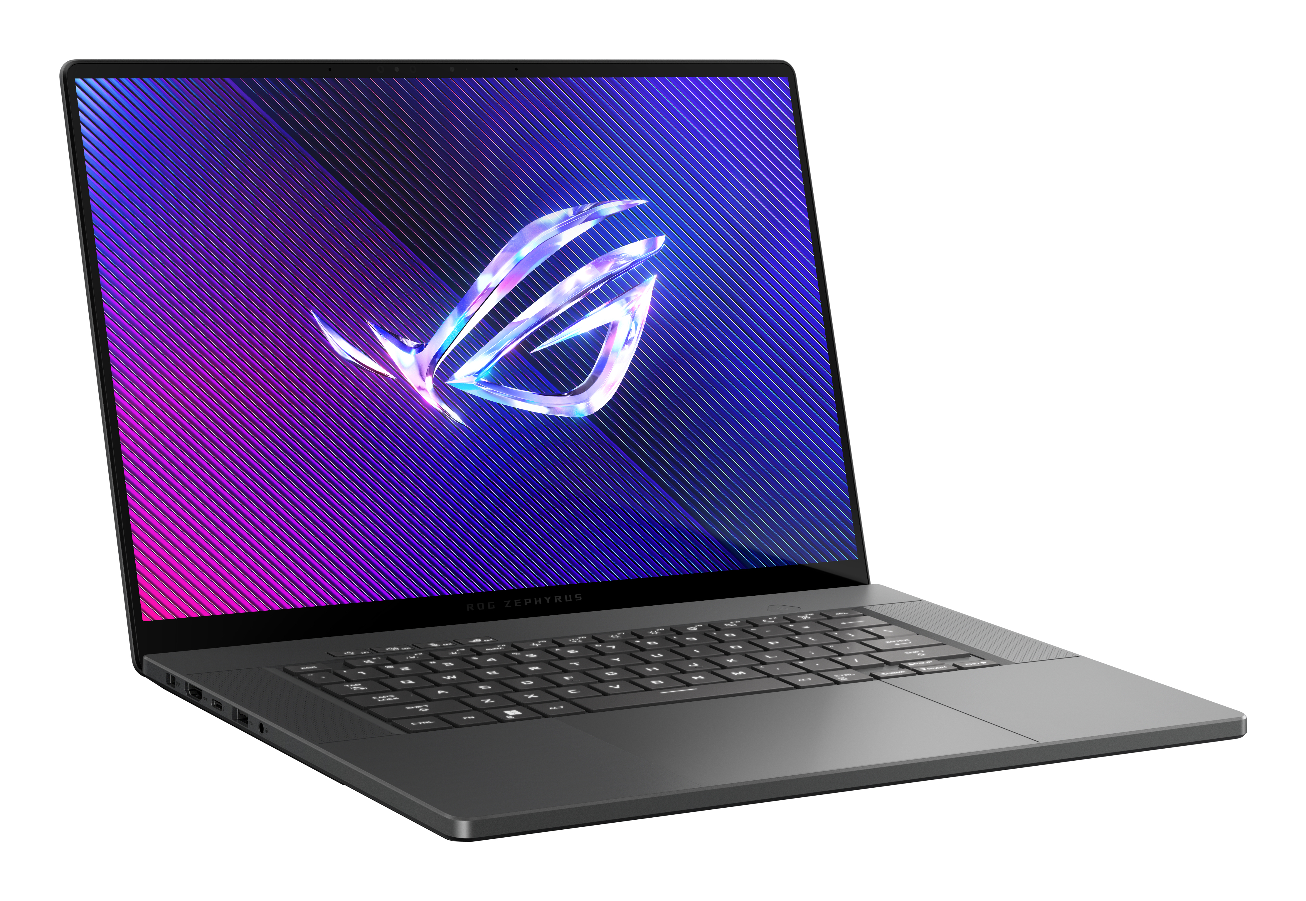 Black laptop with the ROG logo on the screen, displaying a gradient design.