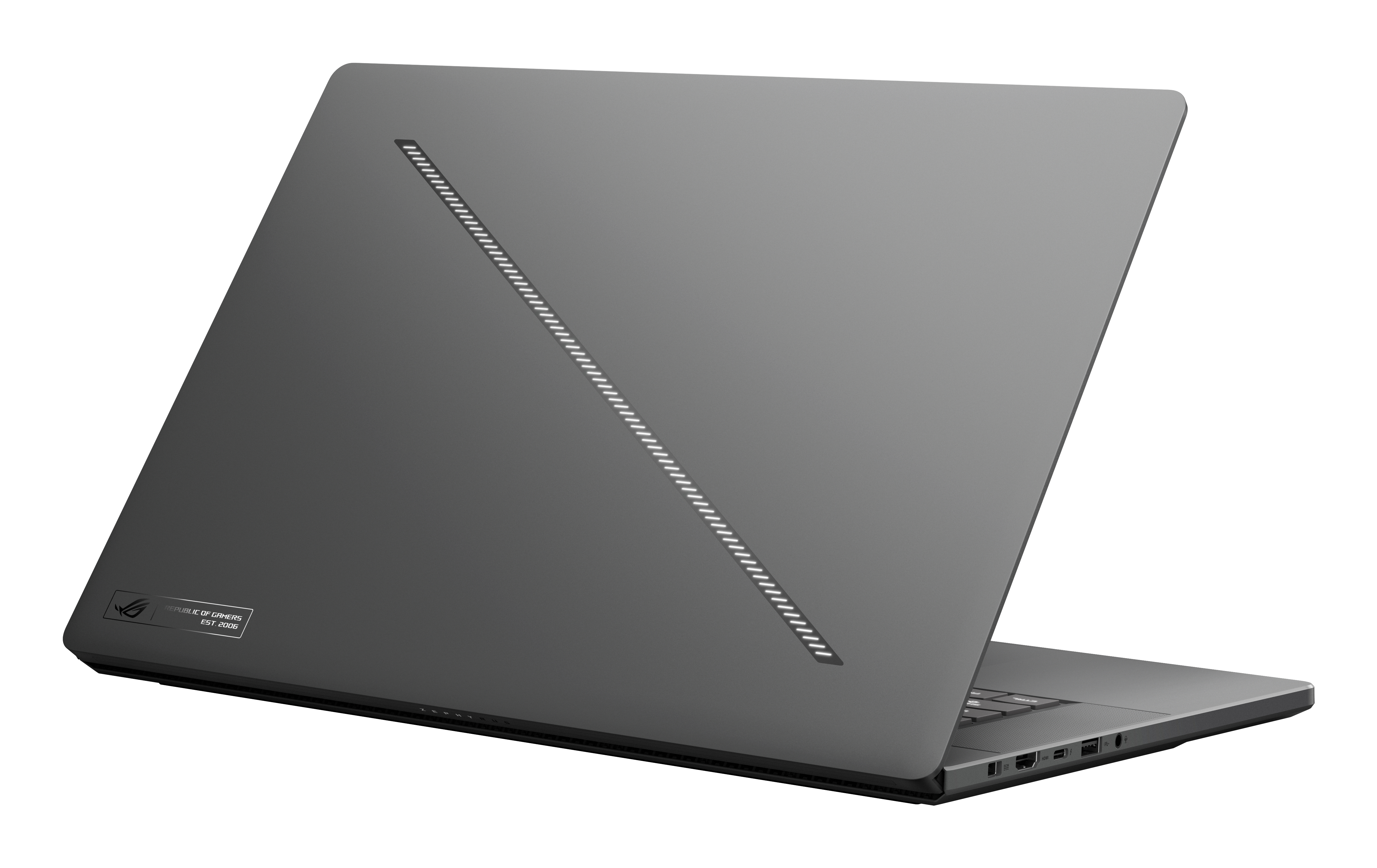 A grey laptop's back with the lid closed. The laptop has a logo and a design on the top.