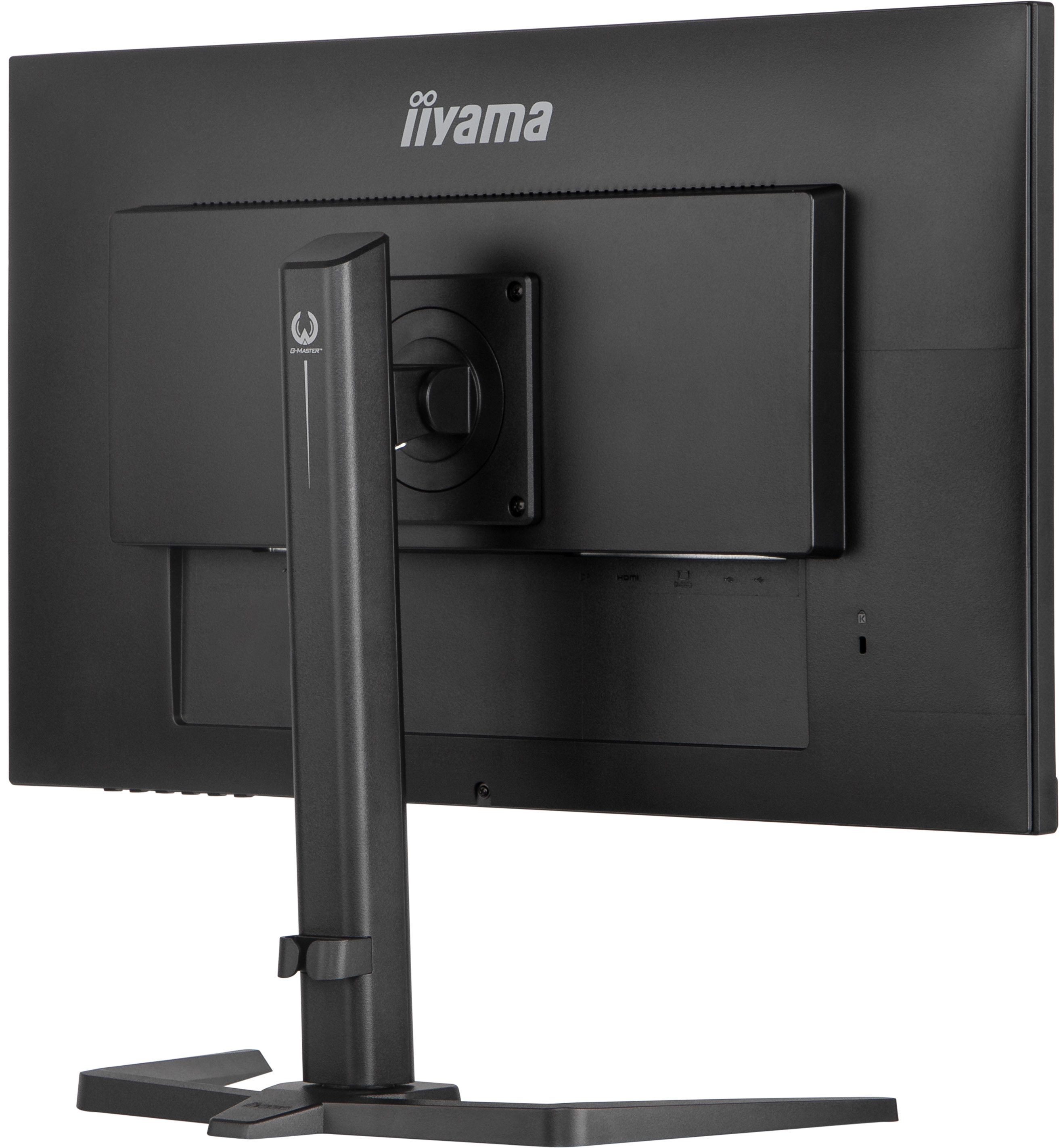 Retro di un monitor per computer nero con supporto nero e varie porte di connessione visibili.