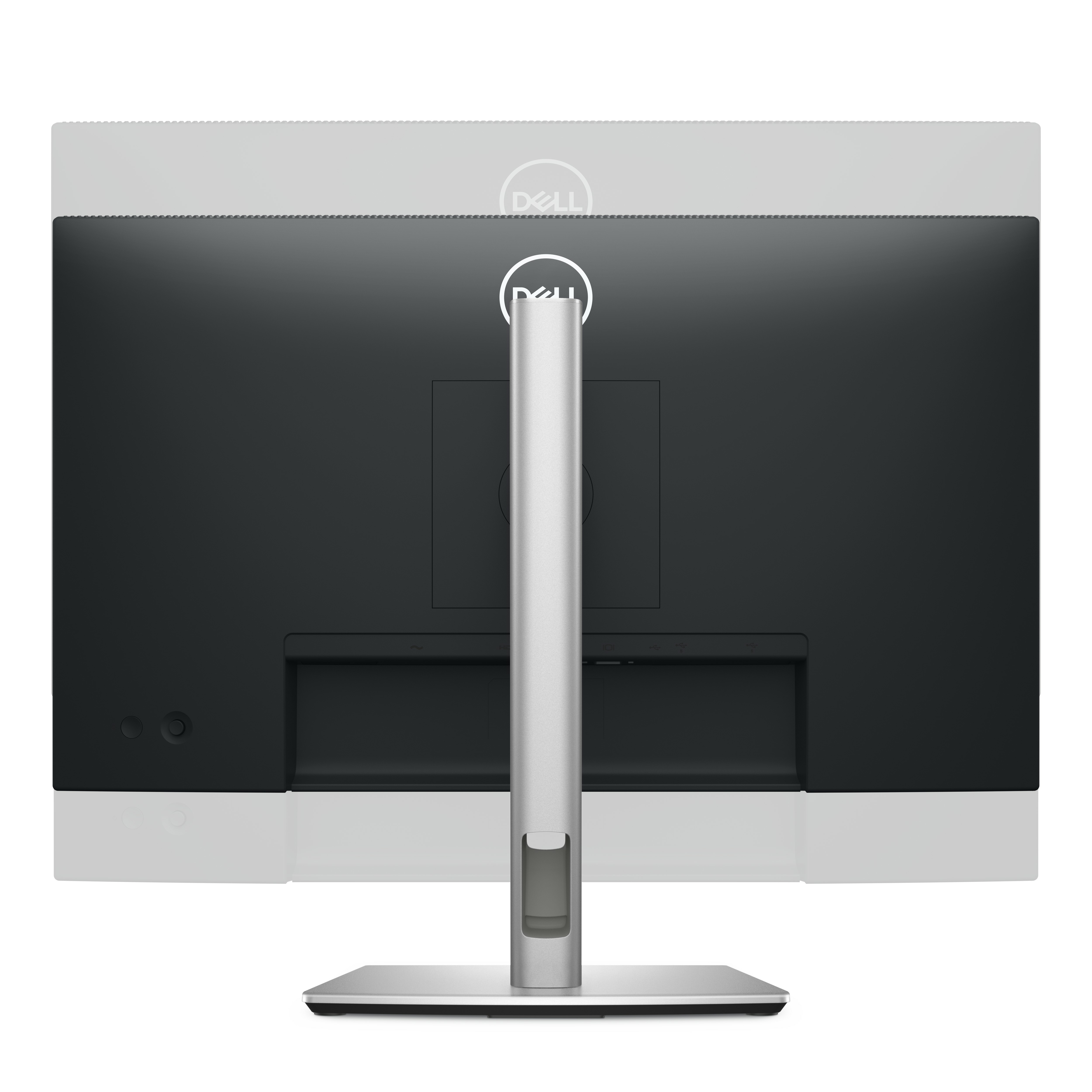 Widok z tyłu czarno-srebrnego monitora komputerowego. Stojak jest srebrny.