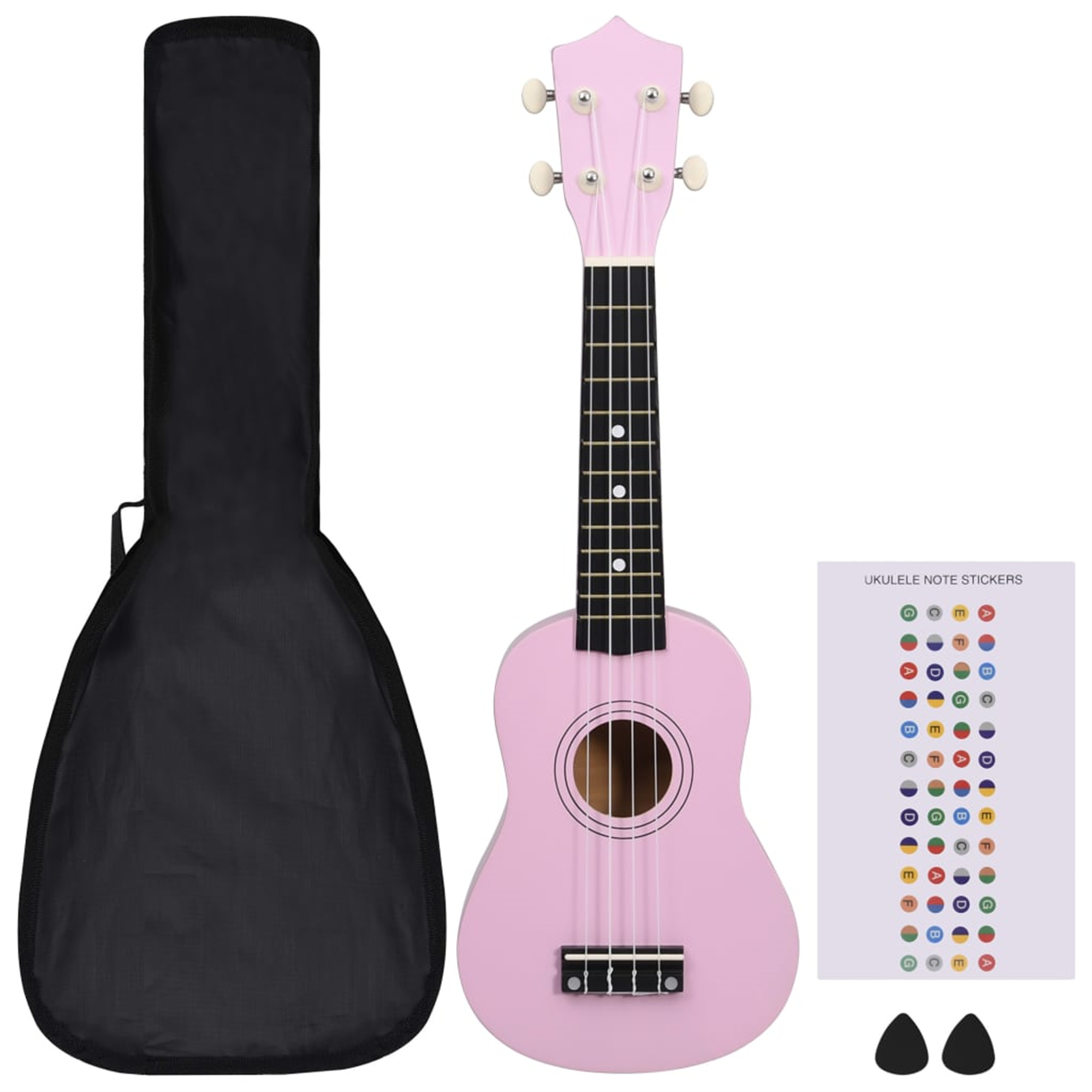 Rosa Ukulele mit schwarzem Etui, Aufklebern und Plektren. Weißer Hintergrund.