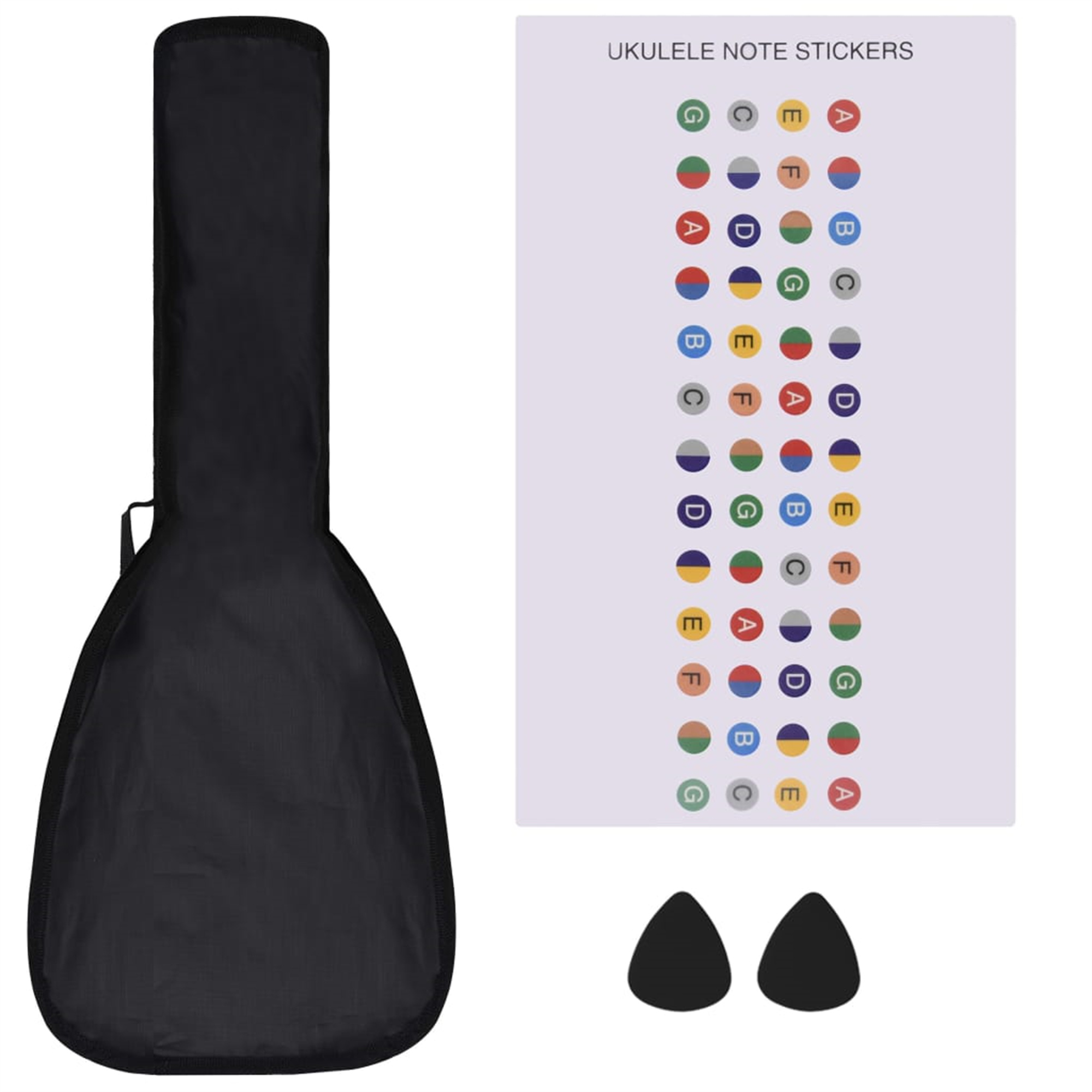Ukulele-Koffer, Aufkleber und zwei schwarze Plektren.