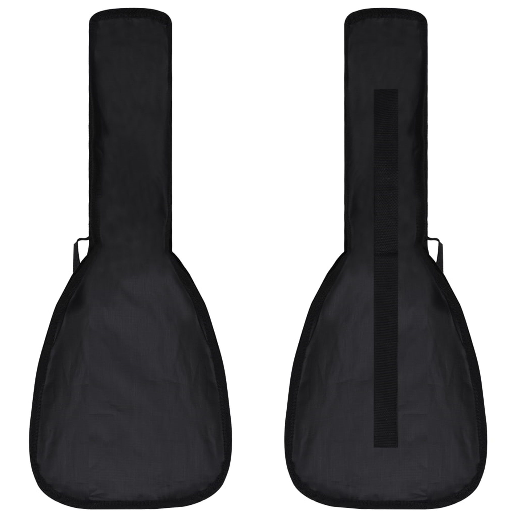Zwei schwarze Gitarrenkoffer, die Vorder- und Rückseite zeigen. Ein Griff und ein Riemen sind sichtbar.
