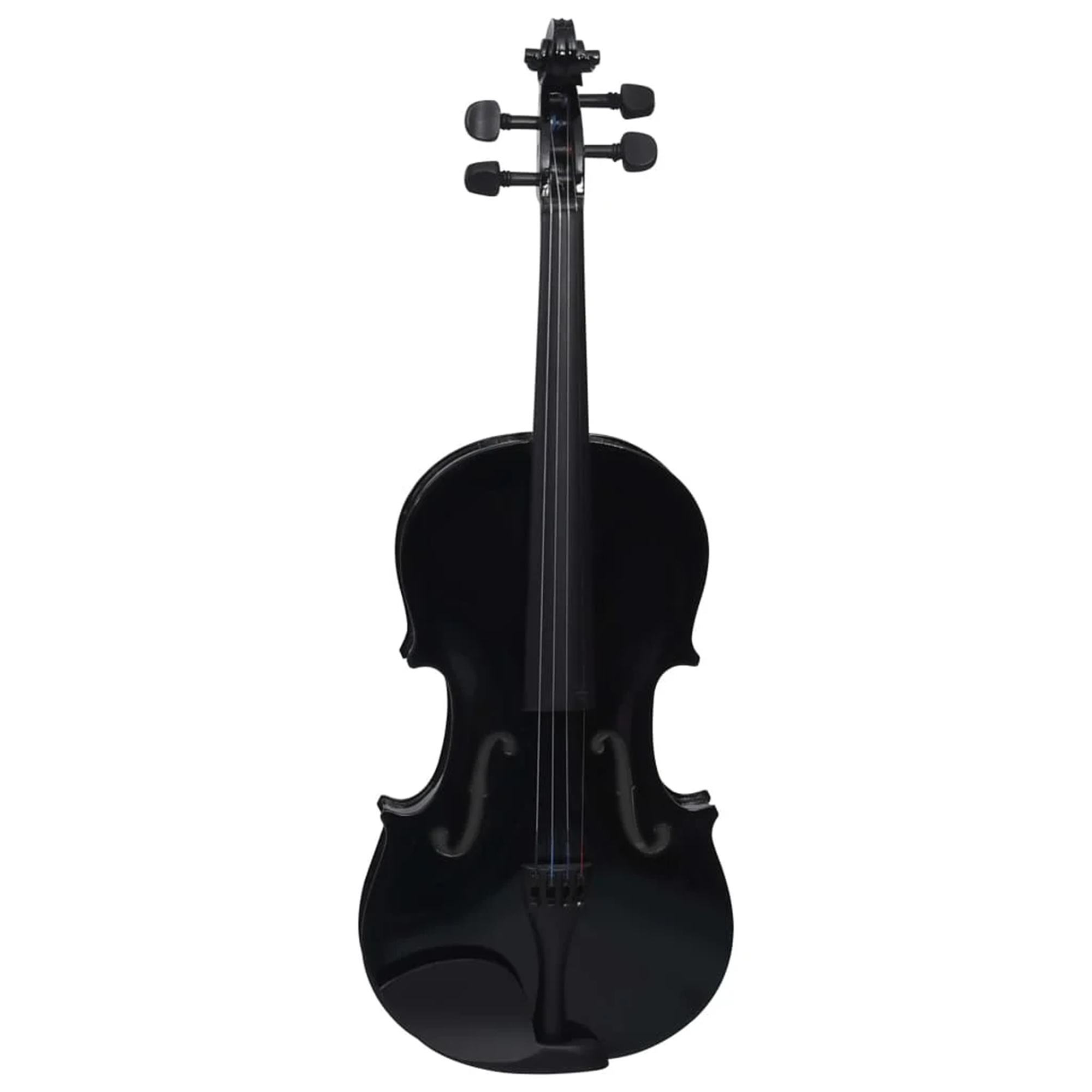Schwarze Violine, Vorderansicht, vor weißem Hintergrund. Saiten und Schnecke sind sichtbar.