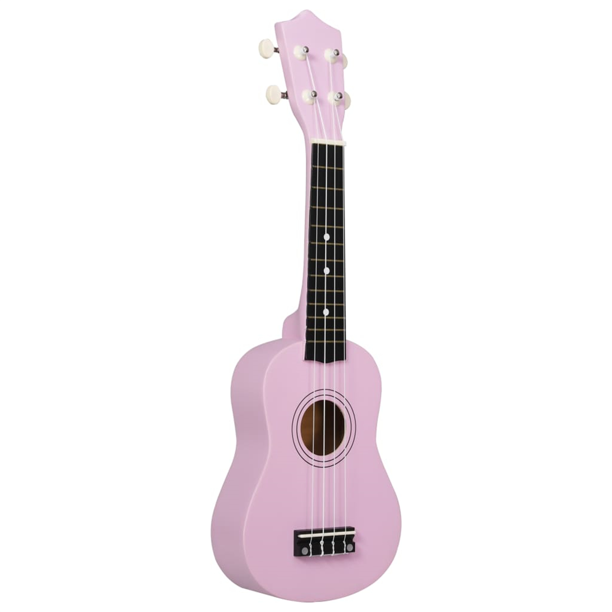 Rosa Ukulele auf weißem Hintergrund. Es hat schwarze Bünde und weiße Stimmwirbel.