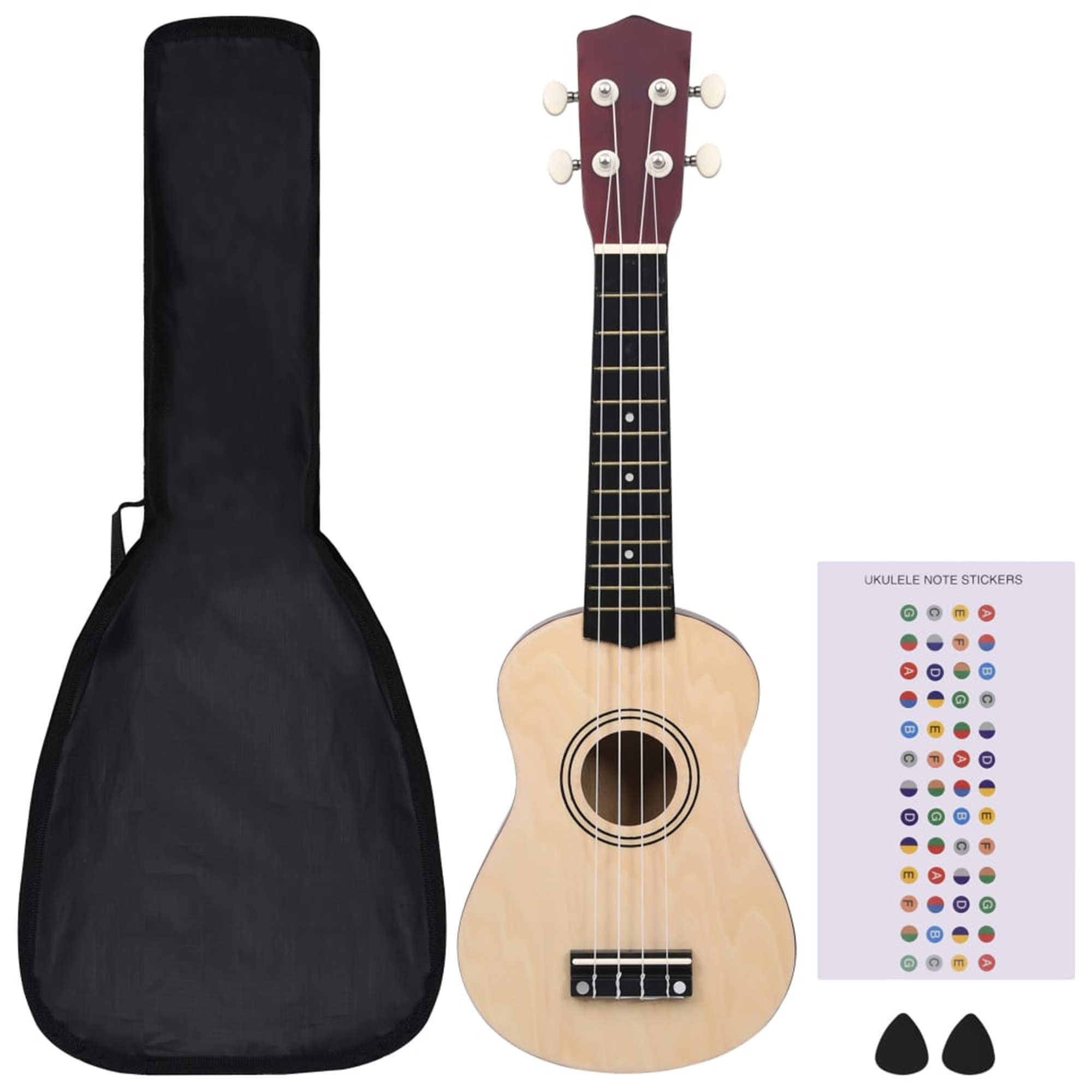 Ukulele mit Hülle und Zubehör. Natürliche Holzfarbe. Hülle ist schwarz. Enthält Aufkleber und Plektren. Weißer Hintergrund.