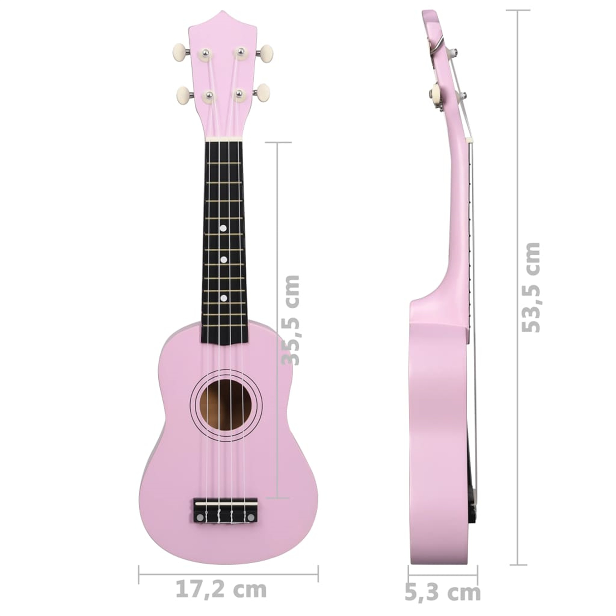 Pinke Ukulele mit angegebenen Maßen. Sie ist vor weißem Hintergrund platziert.