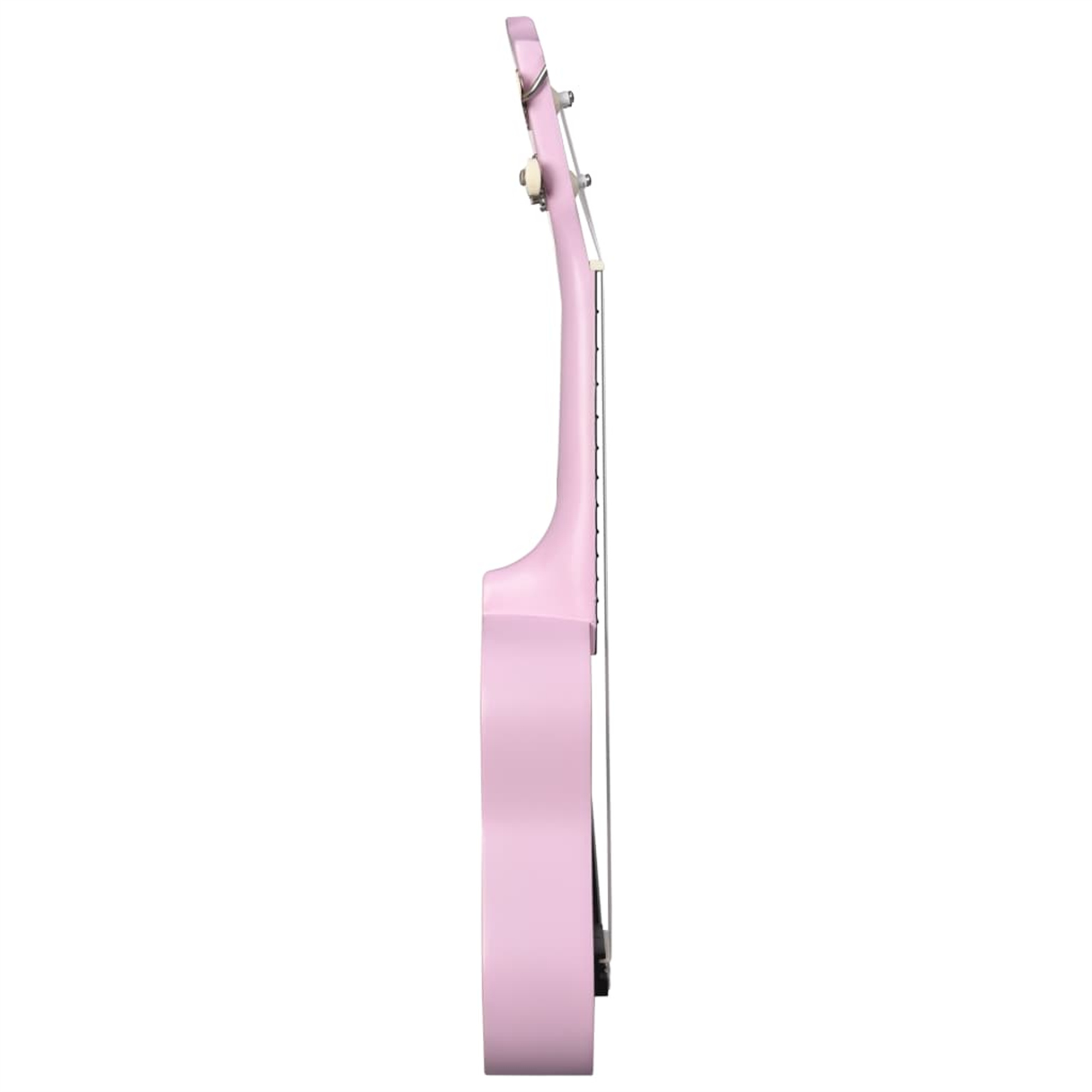 Eine rosa Ukulele, von der Seite gesehen, mit weißem Hals und Saiten.