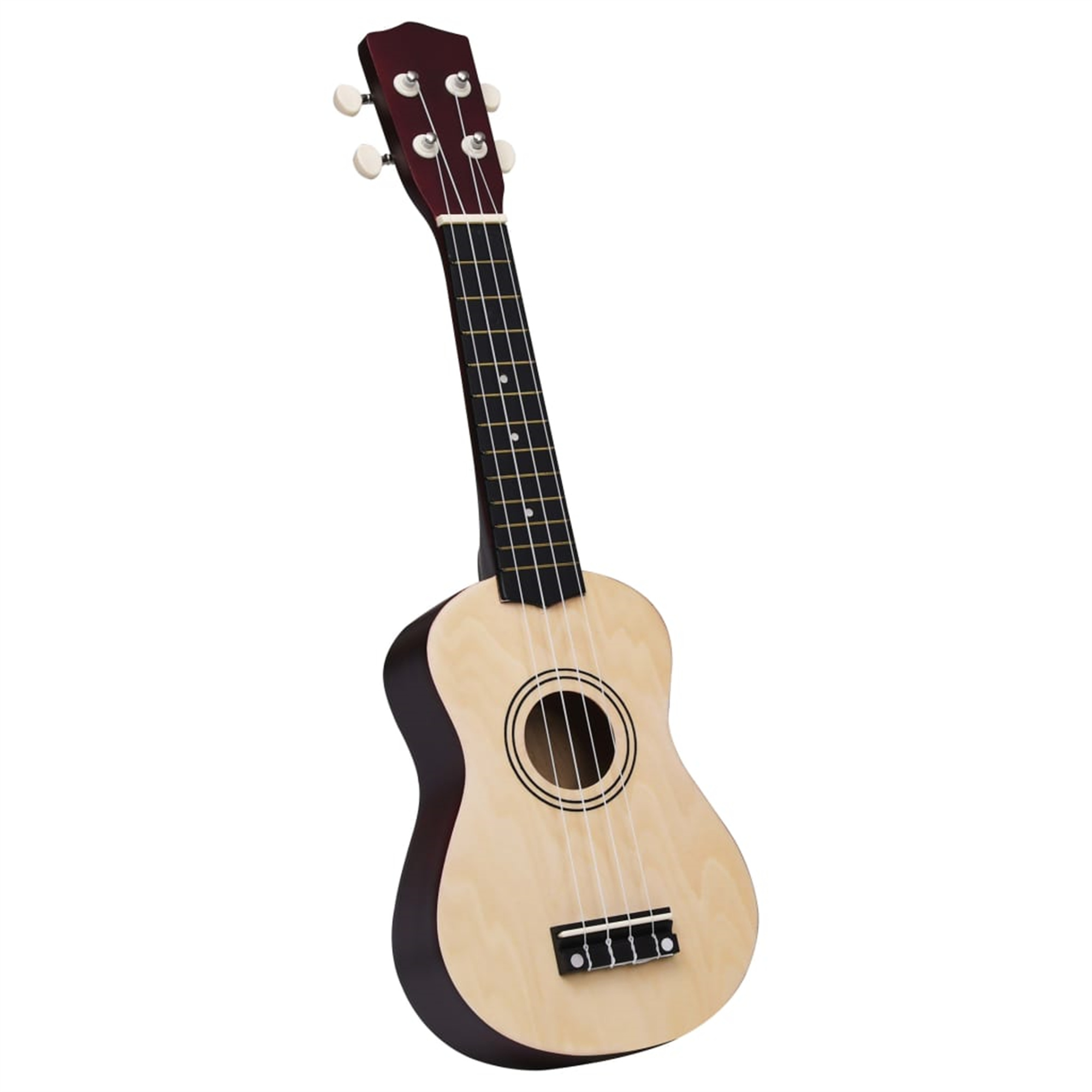 Ukulele mit hellem Holzkörper, dunklem Holz Hals und vier Saiten.