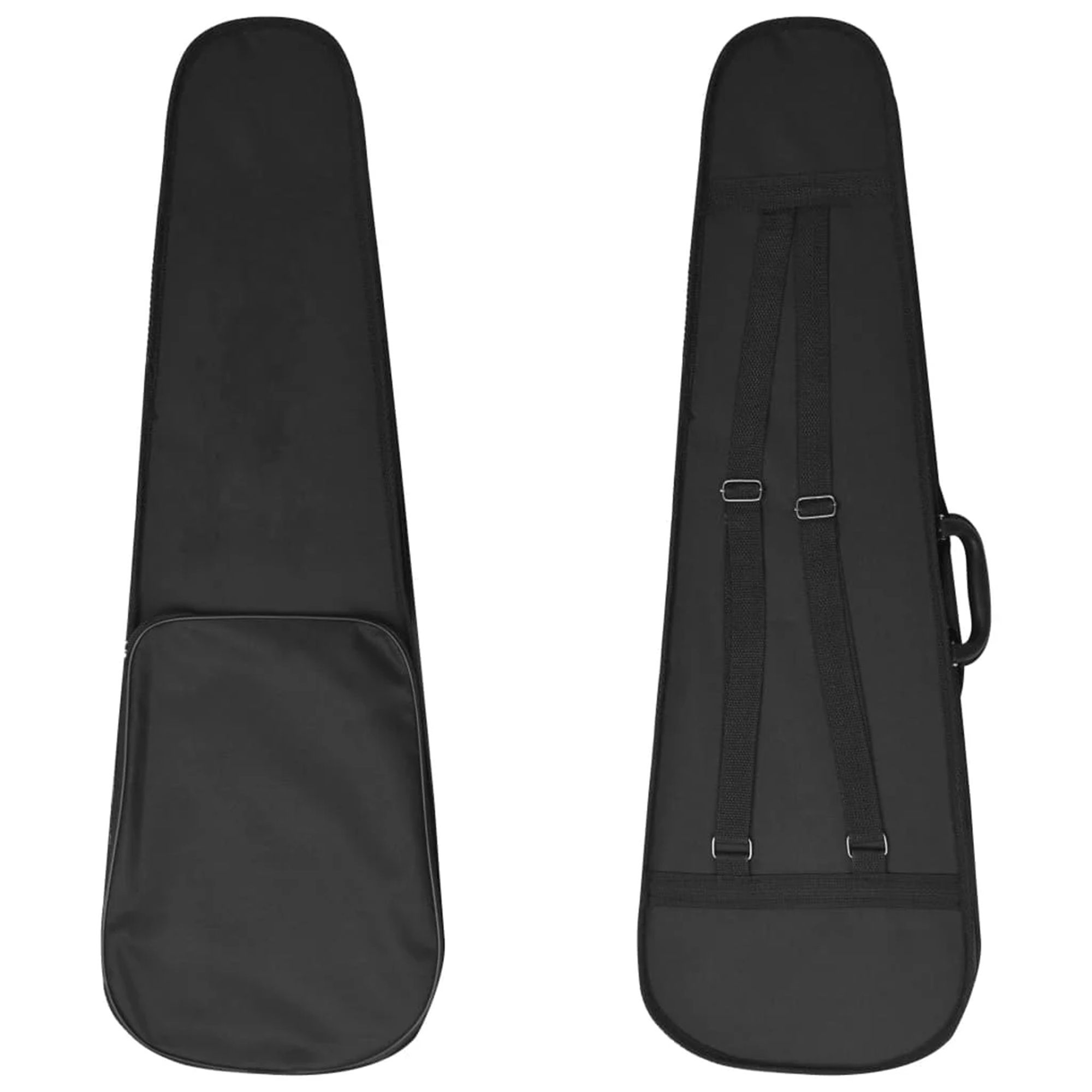 Zwei schwarze Gitarrenkoffer. Einer zeigt die Vorderseite, der andere die Rückseite mit Gurten und Griff.