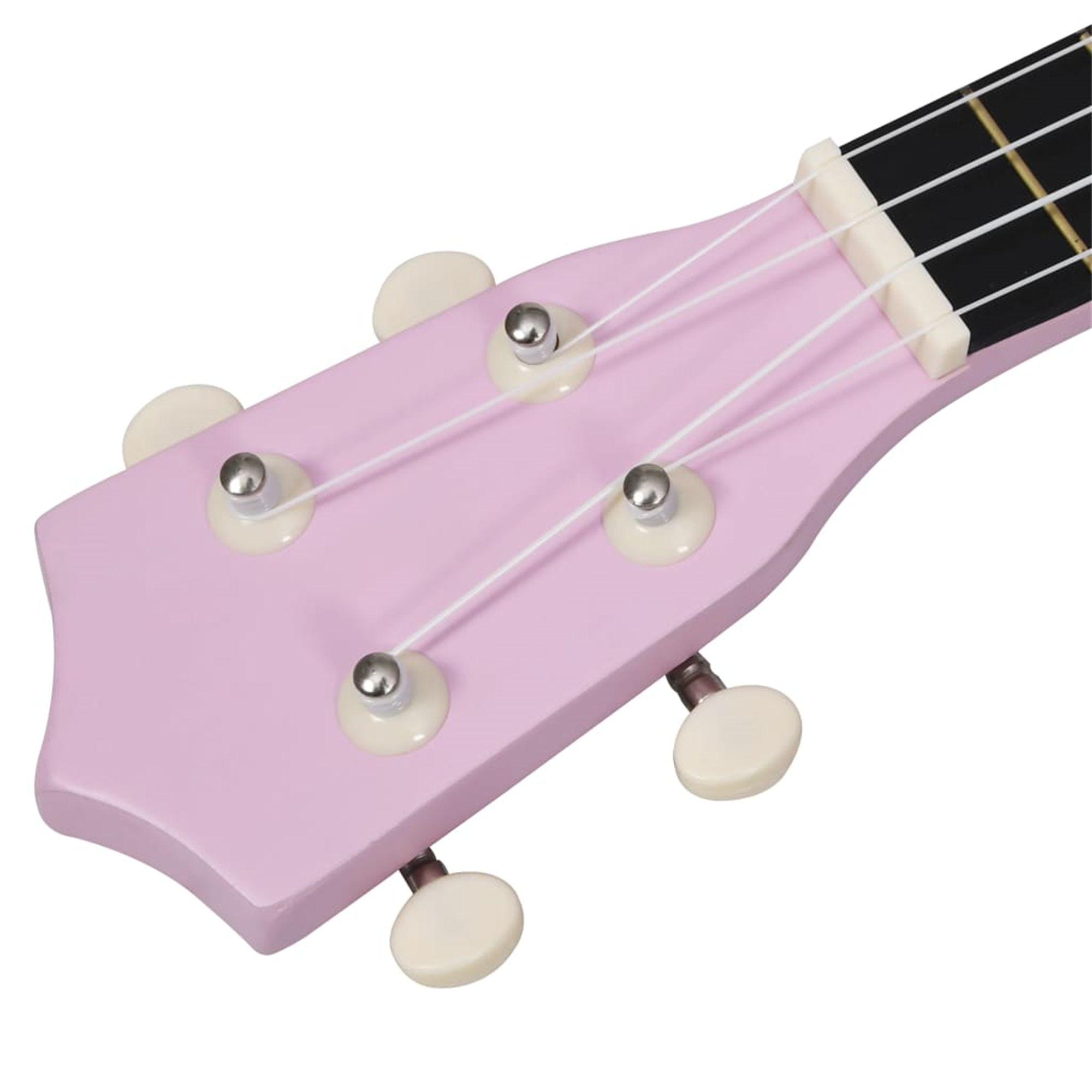 Nahaufnahme einer rosa Ukulele-Kopfplatte. Die Kopfplatte hat weiße Stimmwirbel.