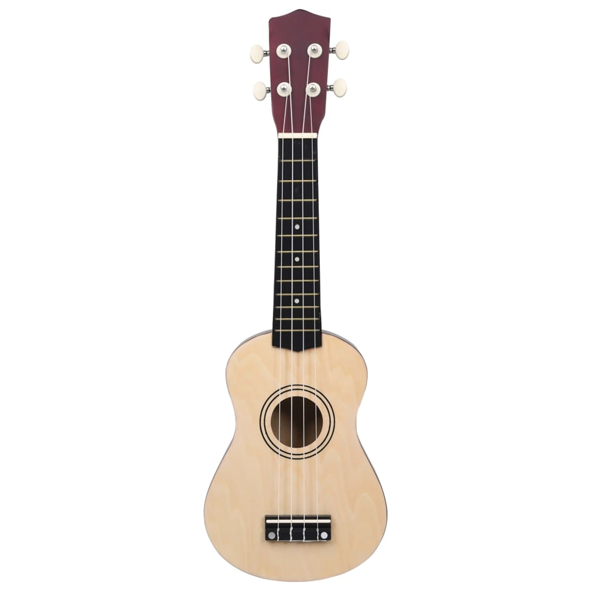Eine hölzerne Ukulele ist auf weißem Hintergrund zentriert. Die Ukulele hat einen hellbraunen Korpus und ein schwarzes Griffbrett.