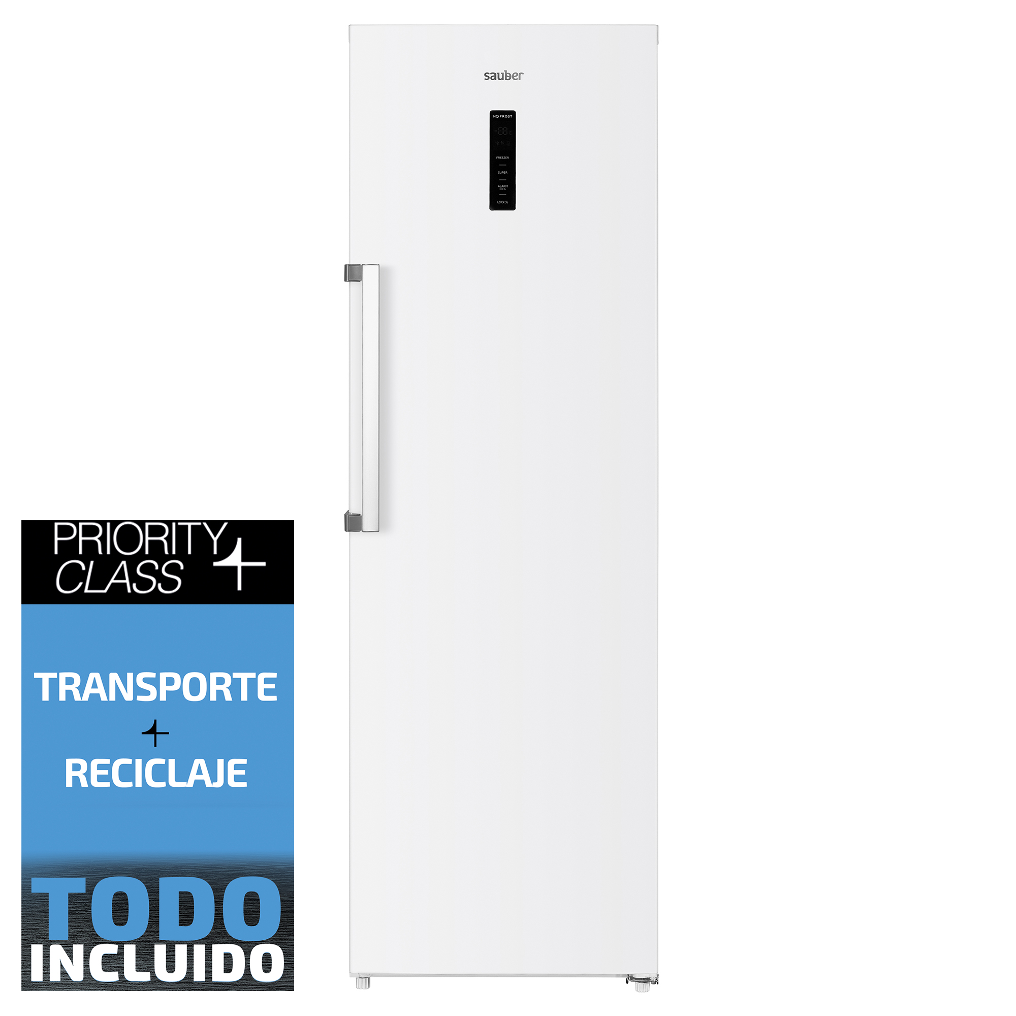 Congelador blanco con asa y pegatina lateral. Fondo blanco.