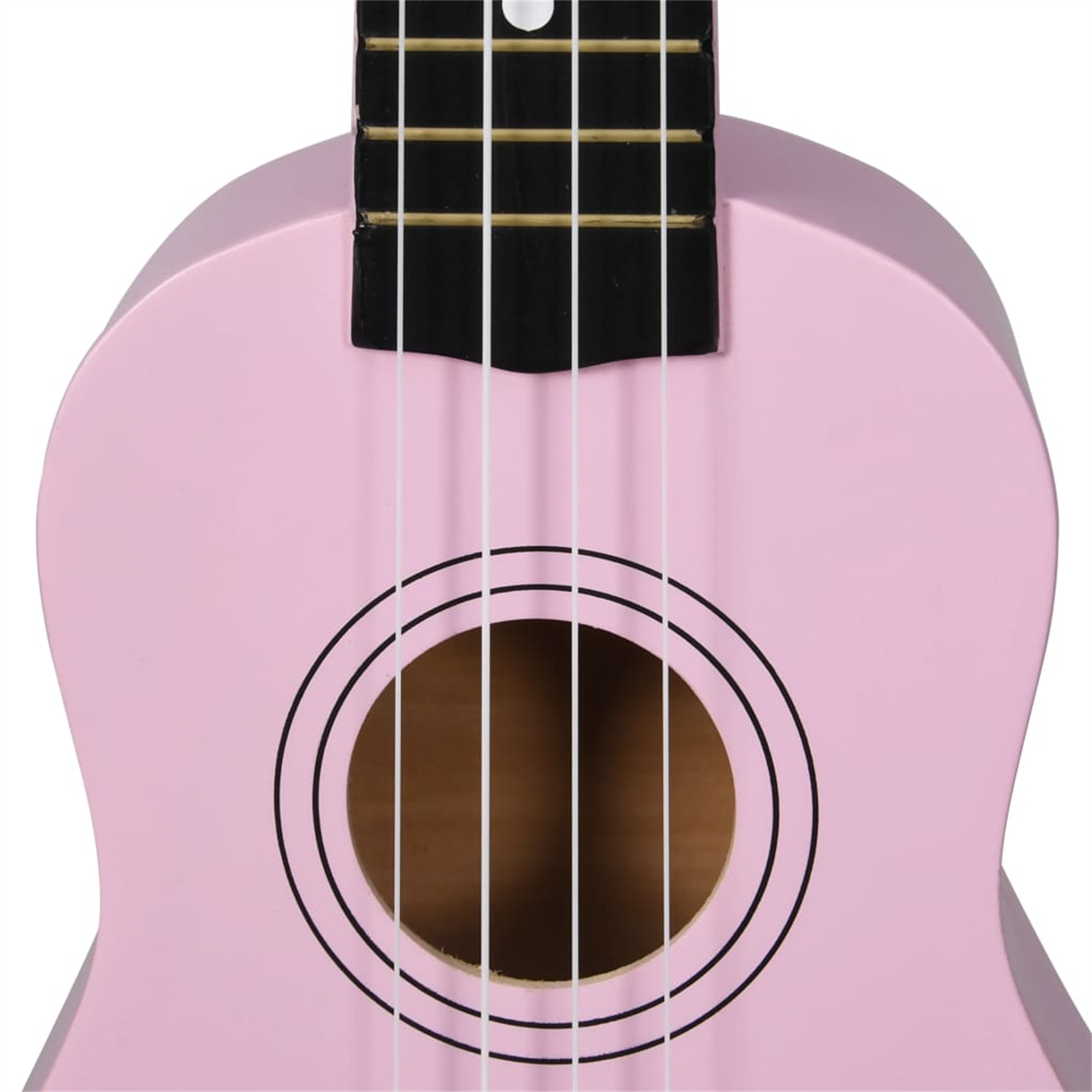 Eine rosa Ukulele mit weißen Saiten. Das Schallloch ist von schwarzen Kreisen umgeben.