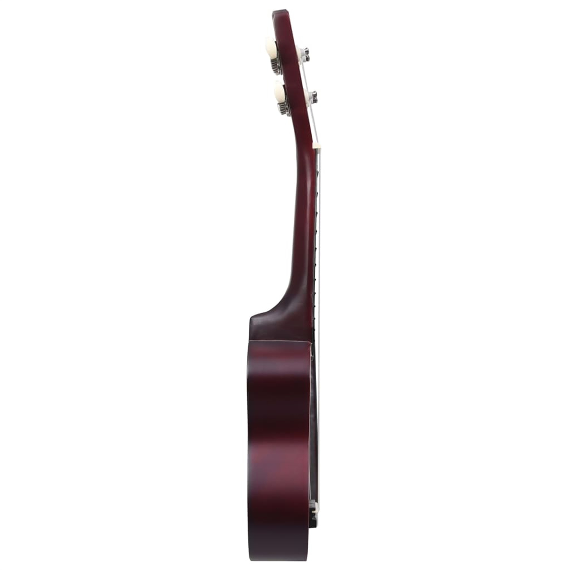 Braune Ukulele, Seitenansicht auf weißem Hintergrund.