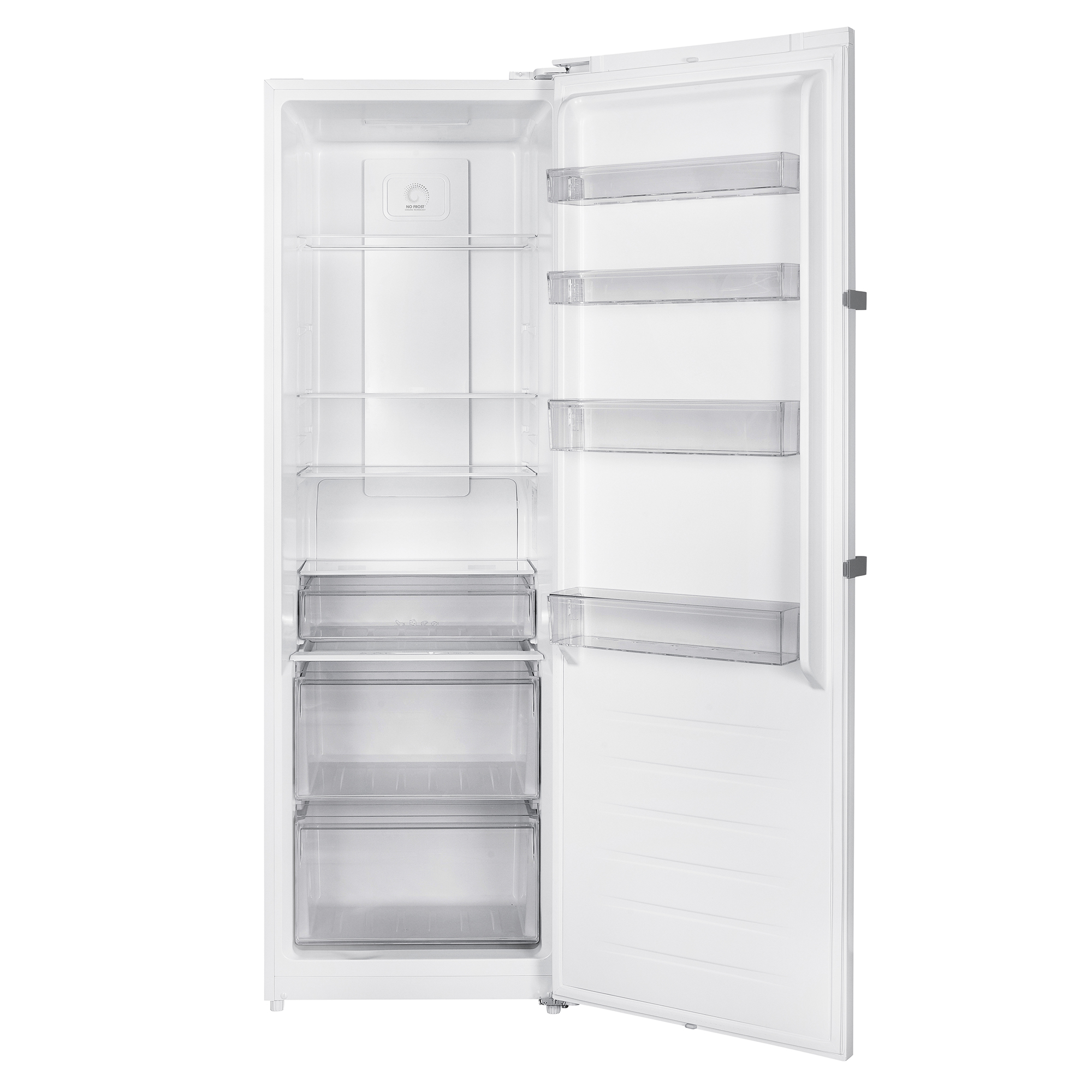 Un refrigerador blanco con la puerta abierta, mostrando estantes y cajones. Está vacío.